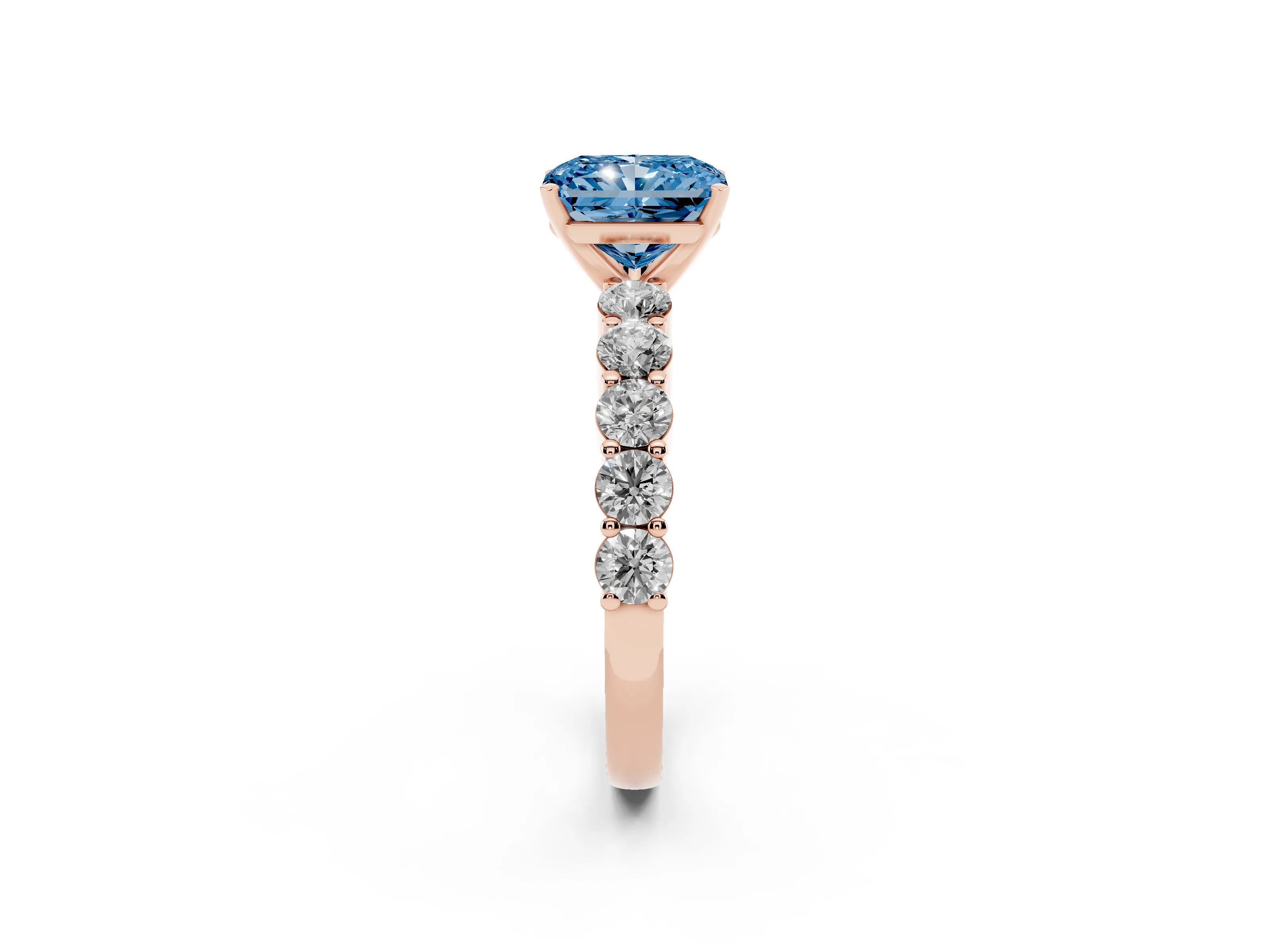 Fancy Blue Radiant Cut Diamond Solitaire Ring Set in Rose gold with Shared Prong Round Side Stones