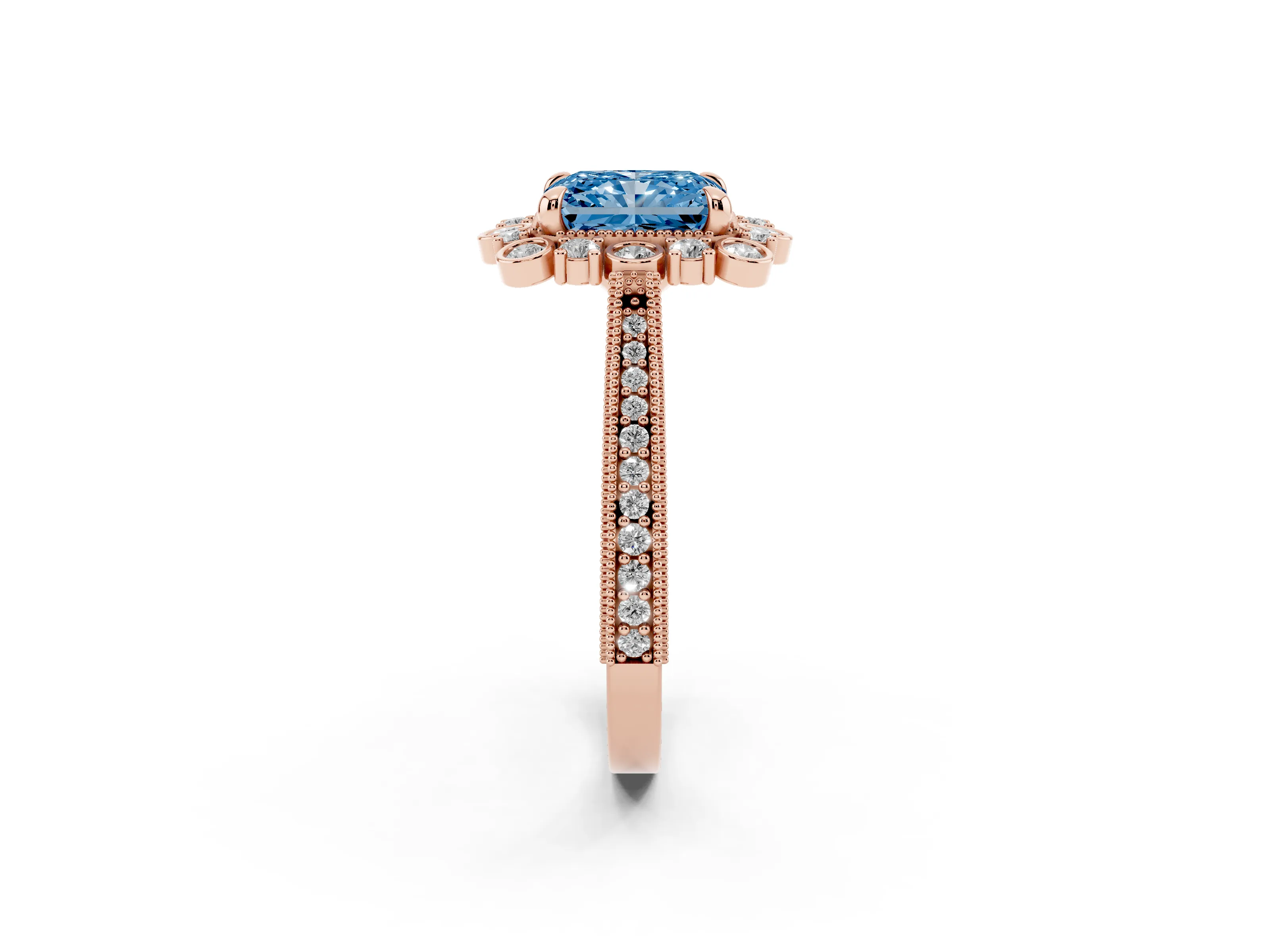 Fancy Blue Radiant Cut Diamond Halo Milgrain Pavé Ring Set in Rose gold with Prong Setting