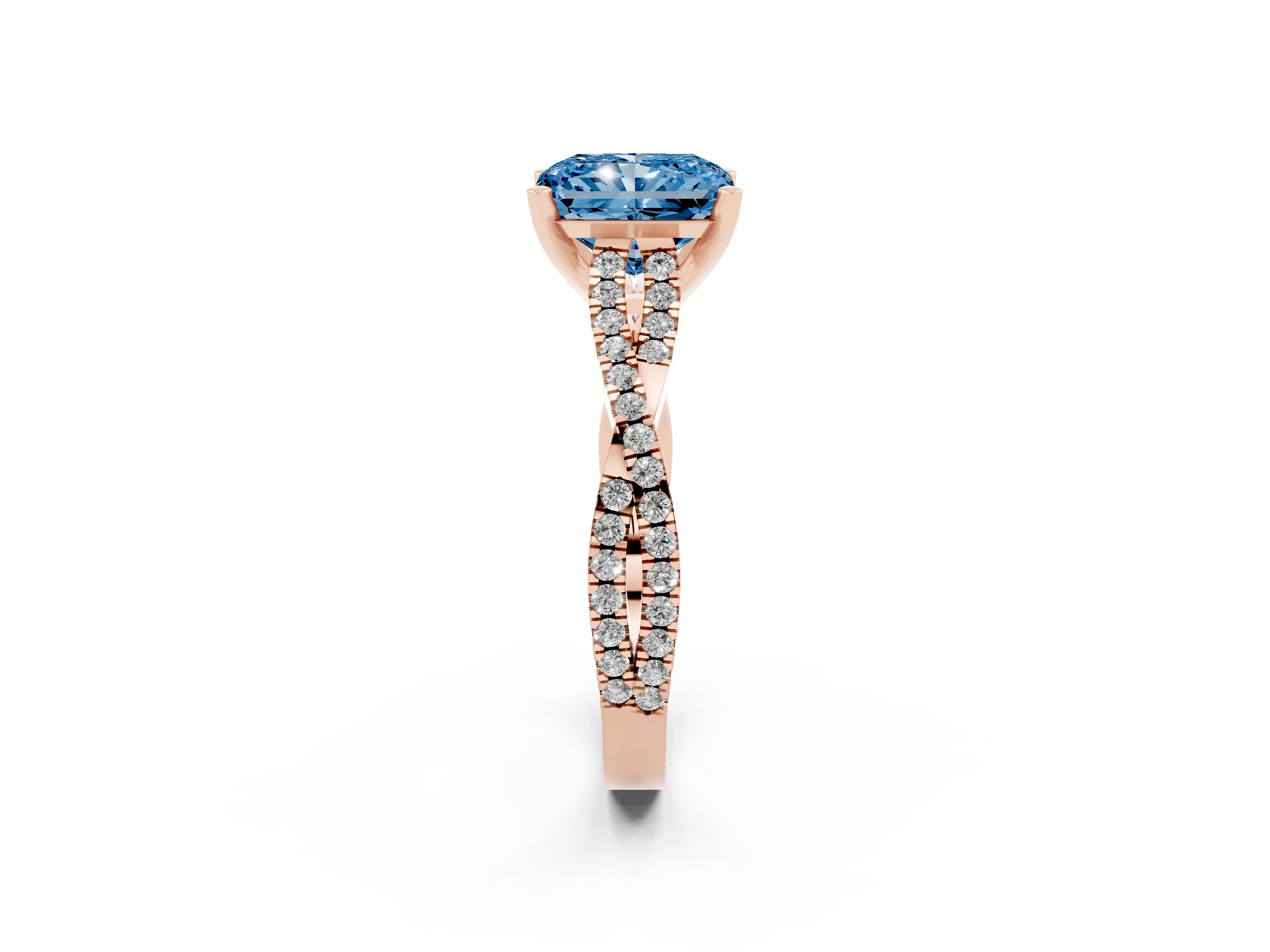 Fancy Blue Radiant Cut Diamond Solitaire Engagement Ring Set in Rose gold with Twisted Pavé Band and Prong Setting