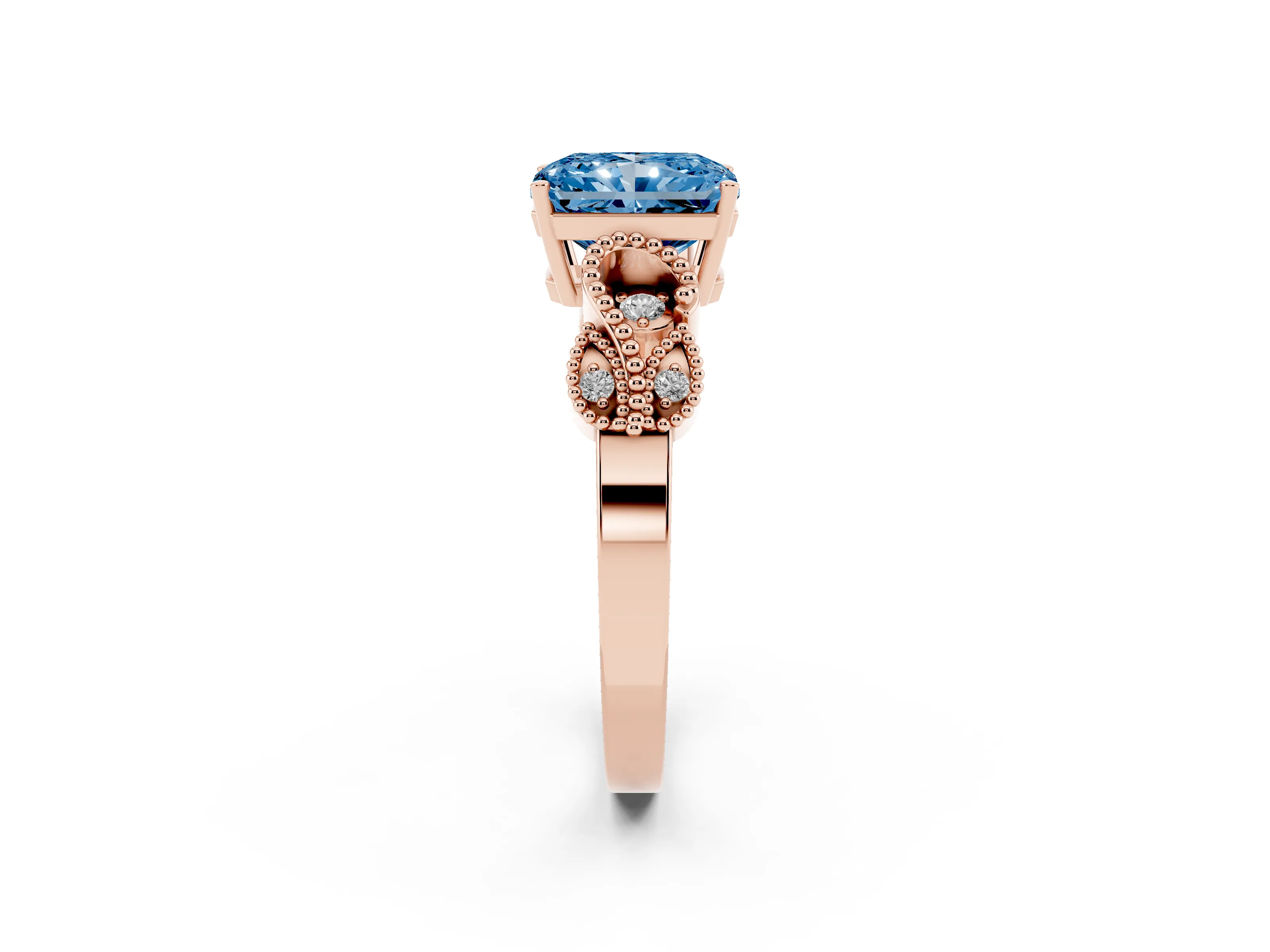 Fancy Blue Radiant Cut Diamond Milgrain Leaf Band Solitaire Ring Set in Rose gold with Accent Stones and Prong Setting