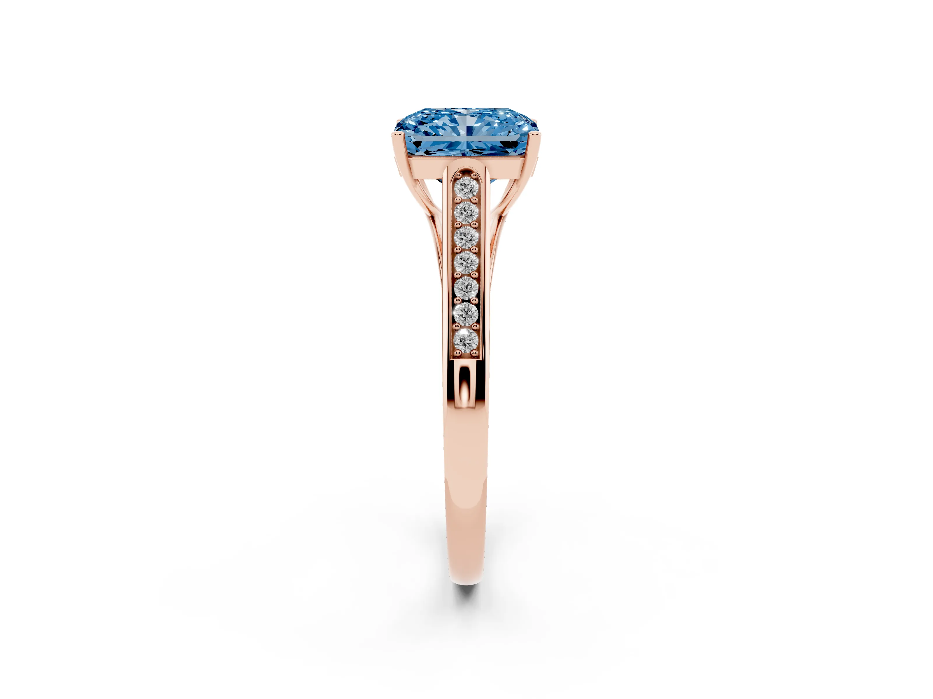 Fancy Blue Radiant Cut Diamond Solitaire Cathedral Engagement Ring Set in Rose gold with Channel-Set Band and Prong Setting