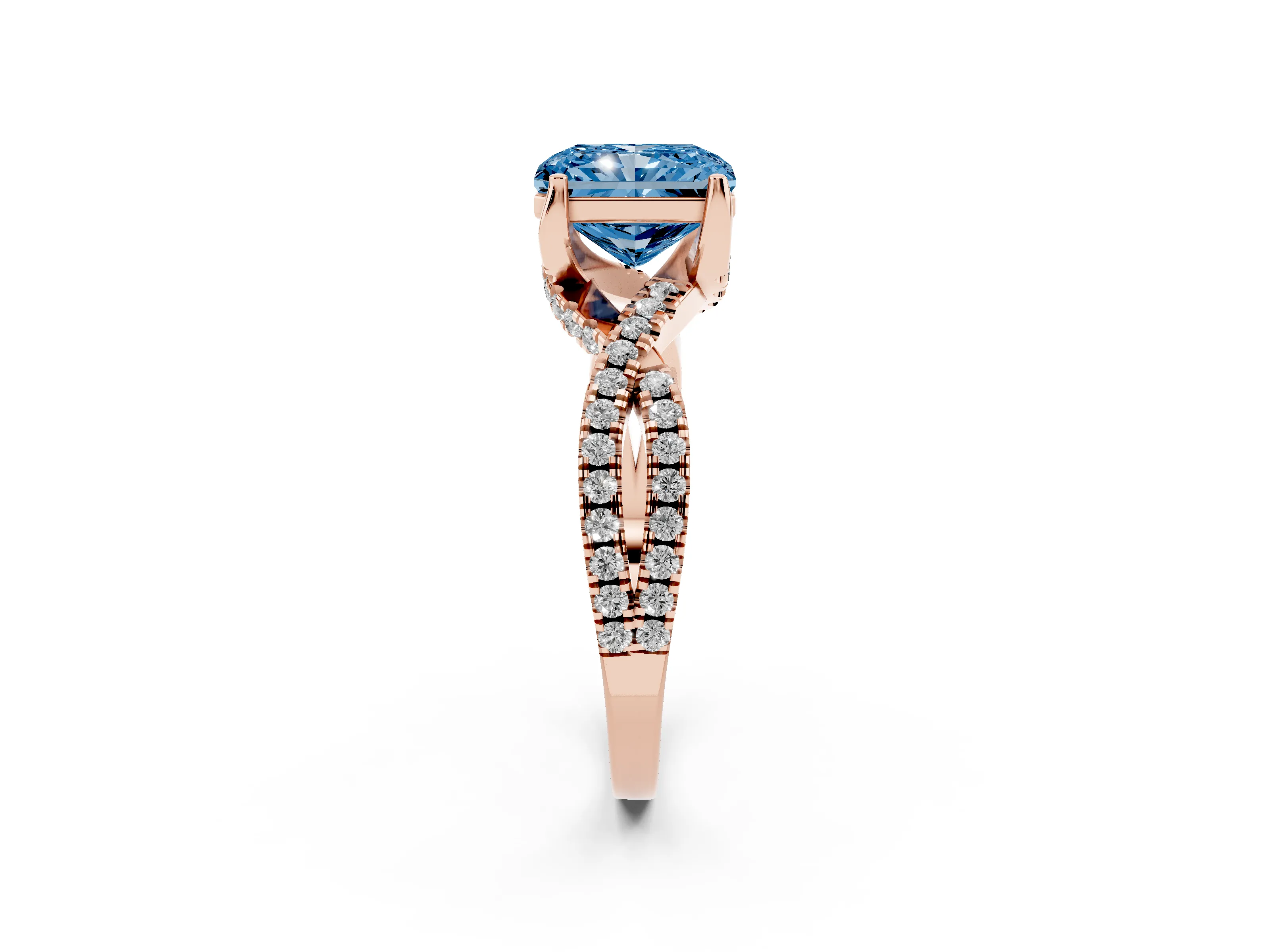 Fancy Blue Radiant Cut Diamond Twist Pavé Solitaire Engagement Ring Set in Rose gold with Prong Setting