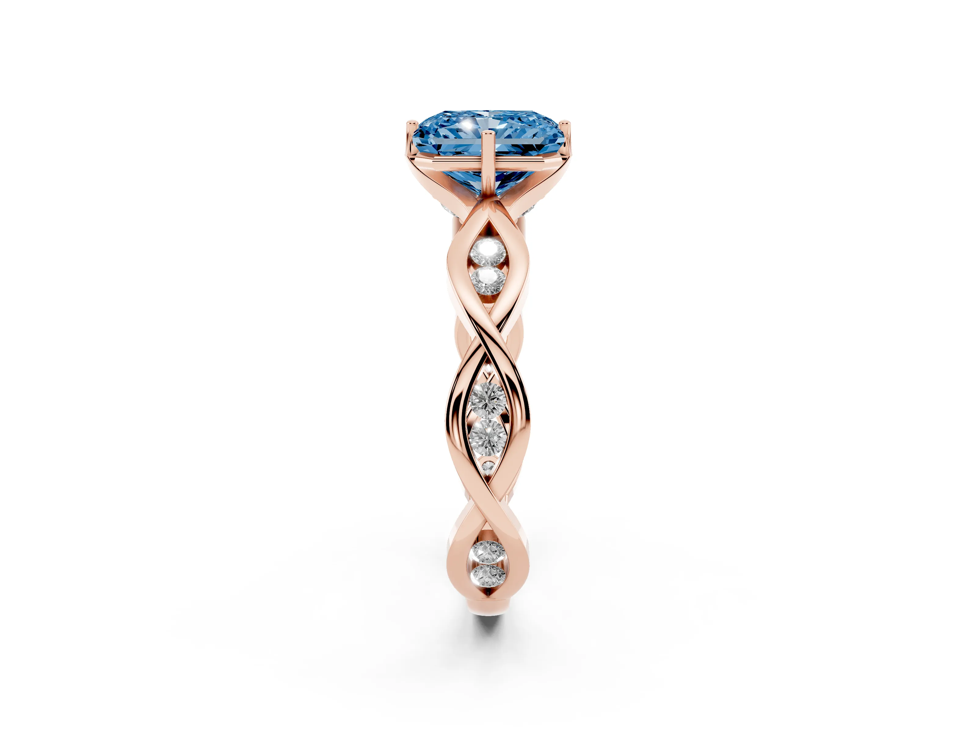 Fancy Blue Radiant Cut Diamond Twist Band Solitaire Ring Set in Rose gold with Leaf Prong Setting and Accent Stones