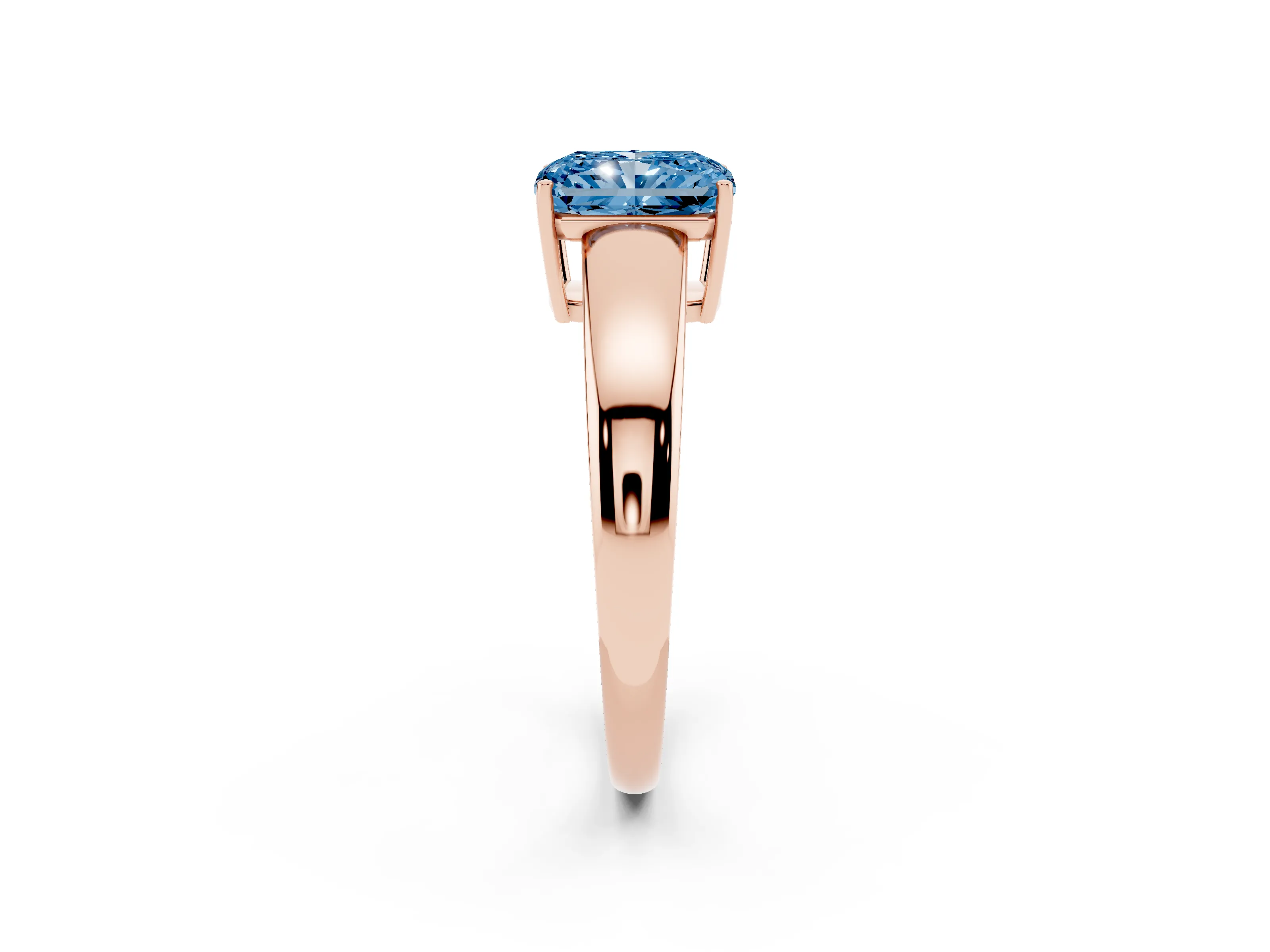 Fancy Blue Radiant Cut Diamond Solitaire Ring Set in Rose gold with Tapered Band and Prong Setting