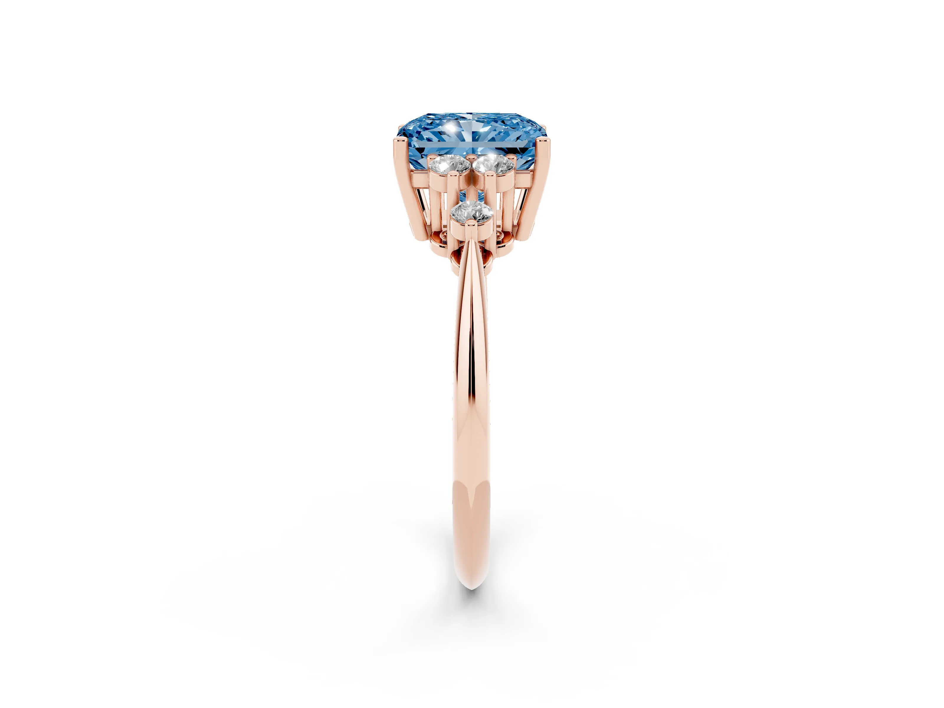 Fancy Blue Radiant Cut Diamond Cluster Ring Set in Rose gold with Plain Band and Prong Setting