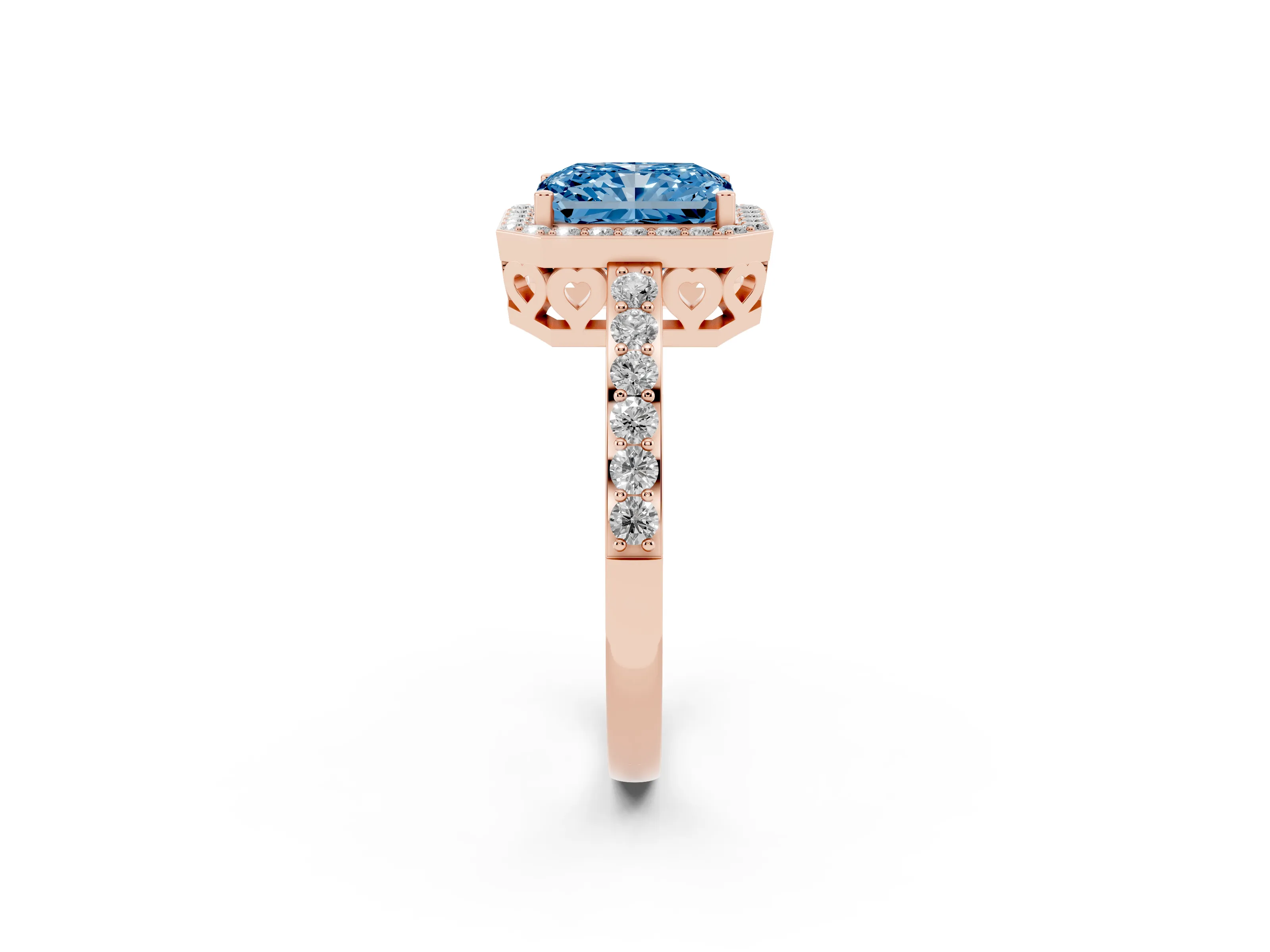 Fancy Blue Radiant Cut Diamond Halo Ring Set in Rose gold with Pavé-Setting Band and Open Prong Center