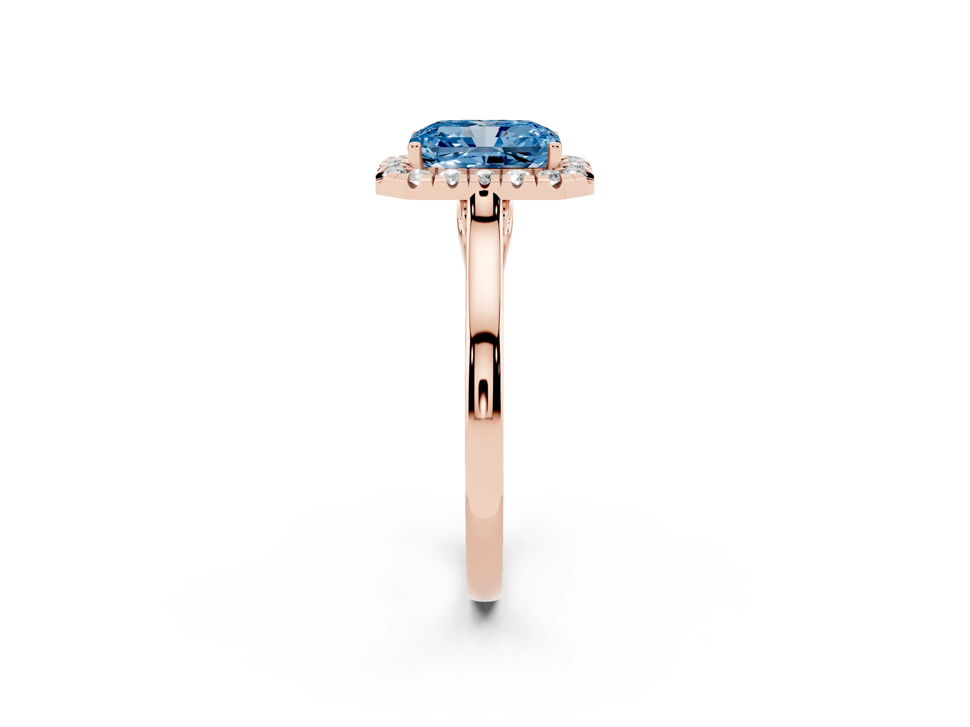 Fancy Blue Radiant Cut Halo Round Diamond Solitaire Ring Set in Rose gold with Pavé Band and Prong Setting