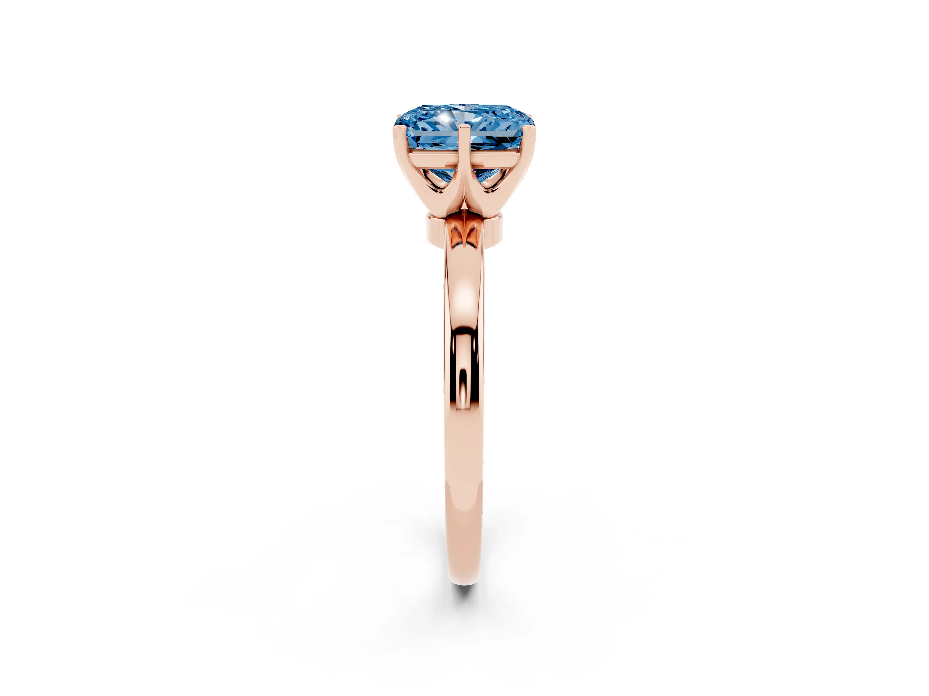 Fancy Blue Radiant Cut Diamond Solitaire Ring Set in Rose gold with Raised Prong Setting on a Classic Band
