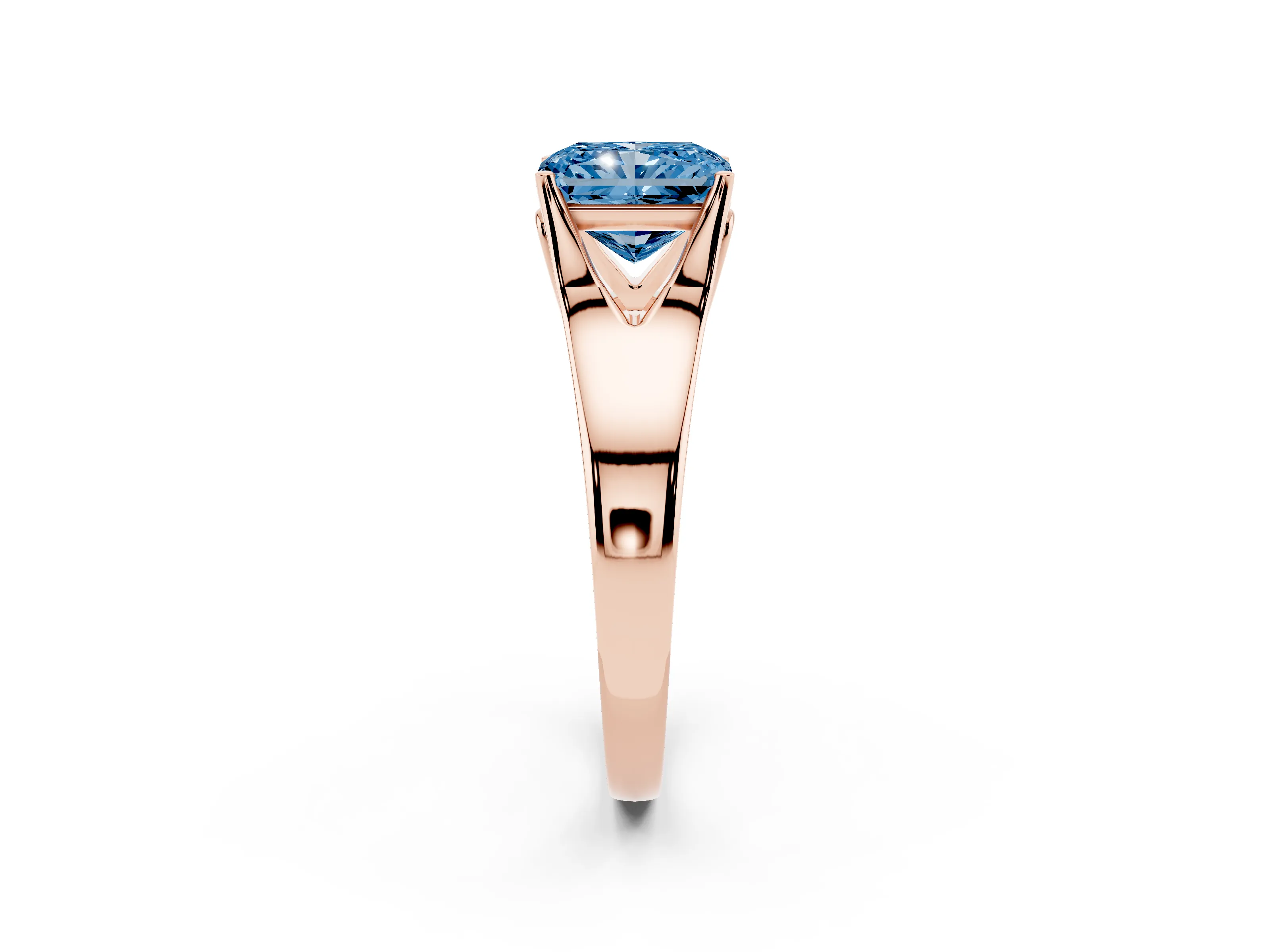 Fancy Blue Radiant Cut Diamond Solitaire Ring Set in Rose gold with Arched Cathedral Band and Prong Setting