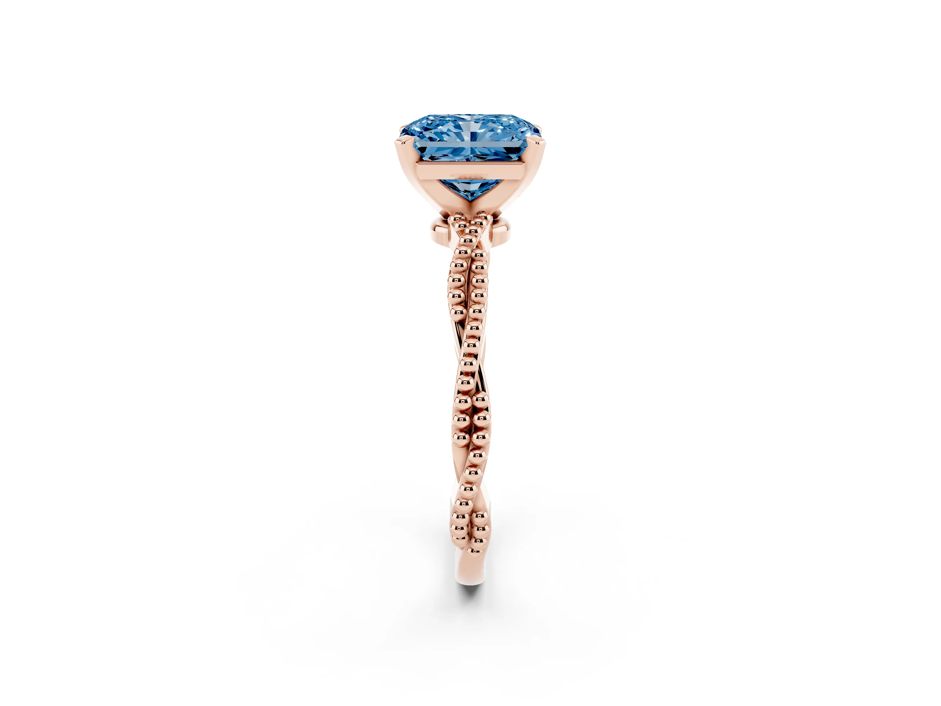 Fancy Blue Radiant Cut Diamond Solitaire Ring Set in Rose gold with Twisted Band and Bead Prong Setting