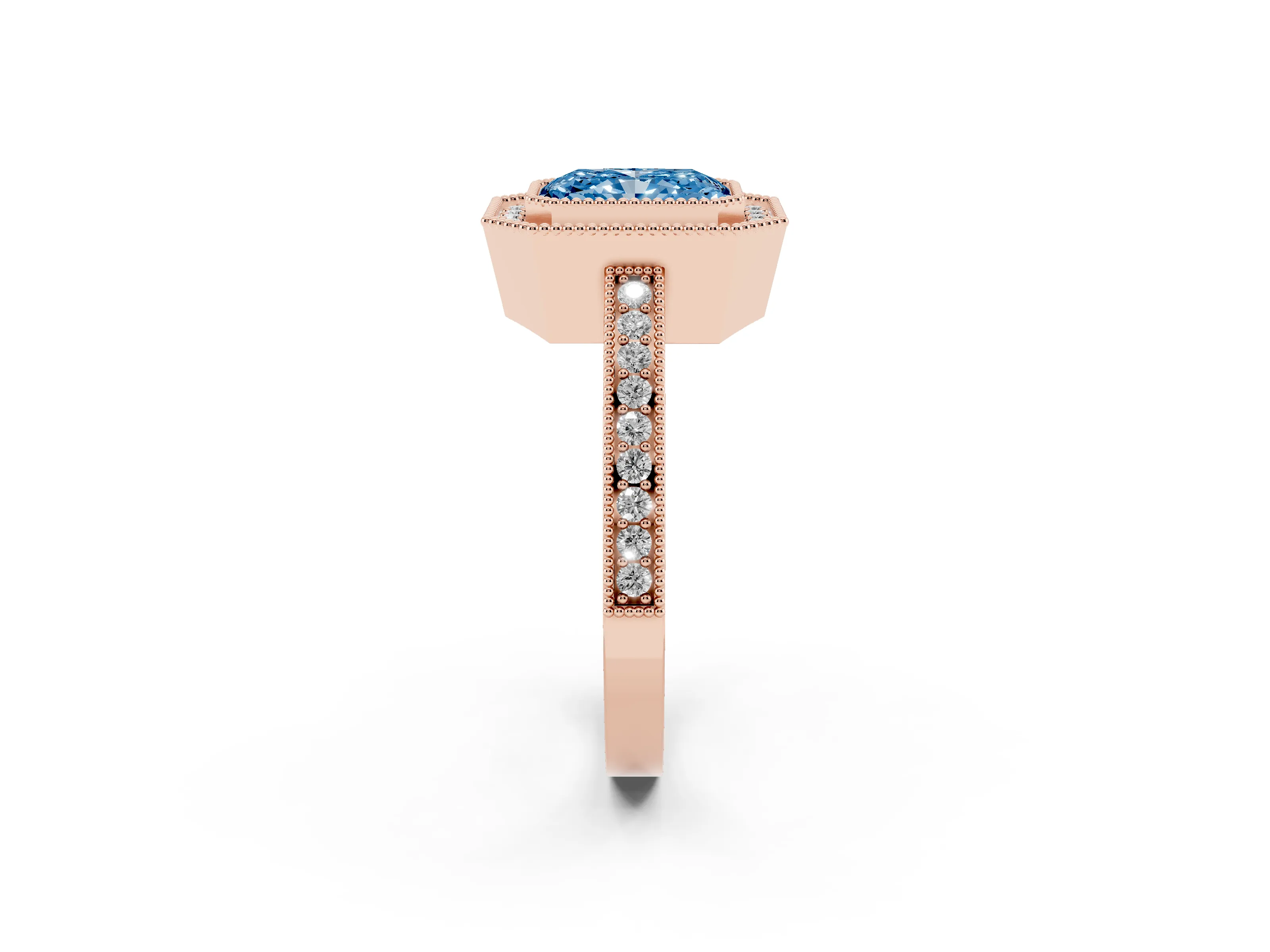 Fancy Blue Radiant Cut Diamond Round Halo Ring Set in Rose gold with Pavé Band