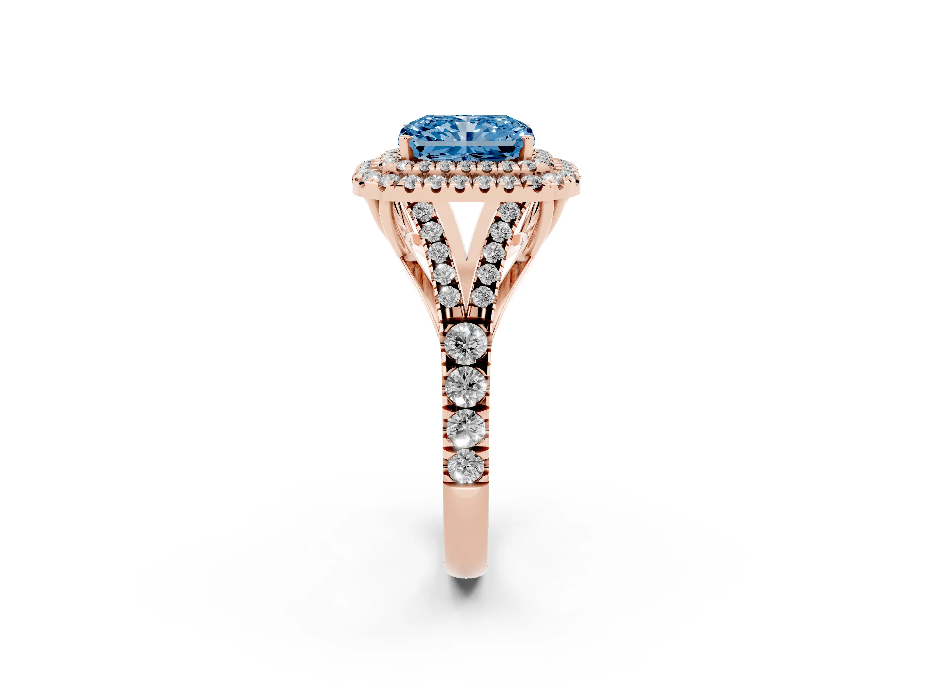 Fancy Blue Radiant Cut Diamond Pavé Split Shank Double Halo Engagement Ring Set in Rose gold