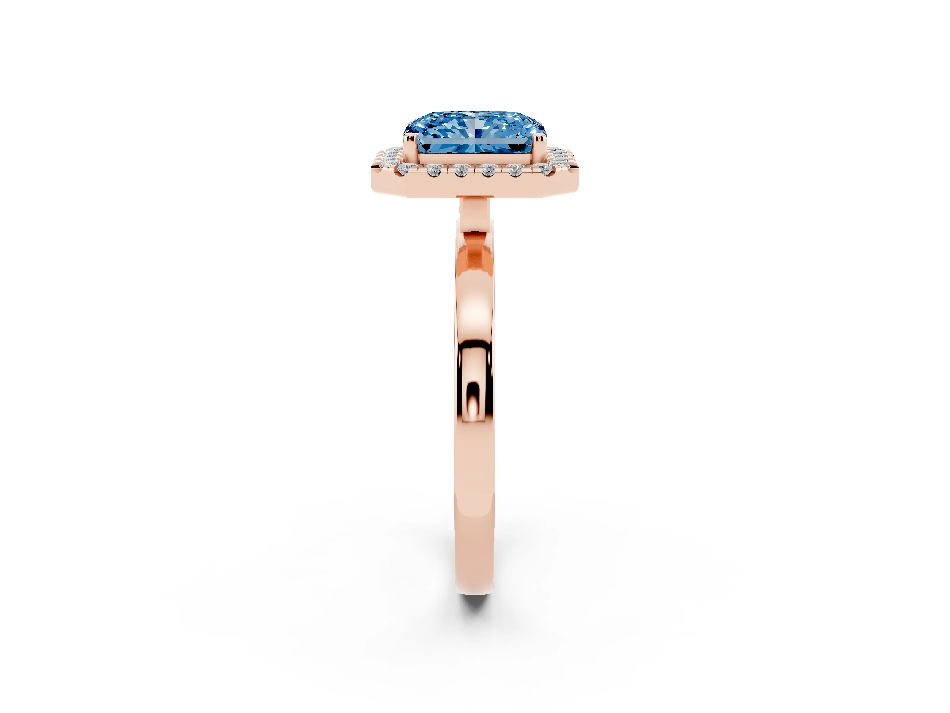 Fancy Blue Radiant Cut Diamond Halo Solitaire Ring Set in Rose gold with Pavé Band and Prong Setting