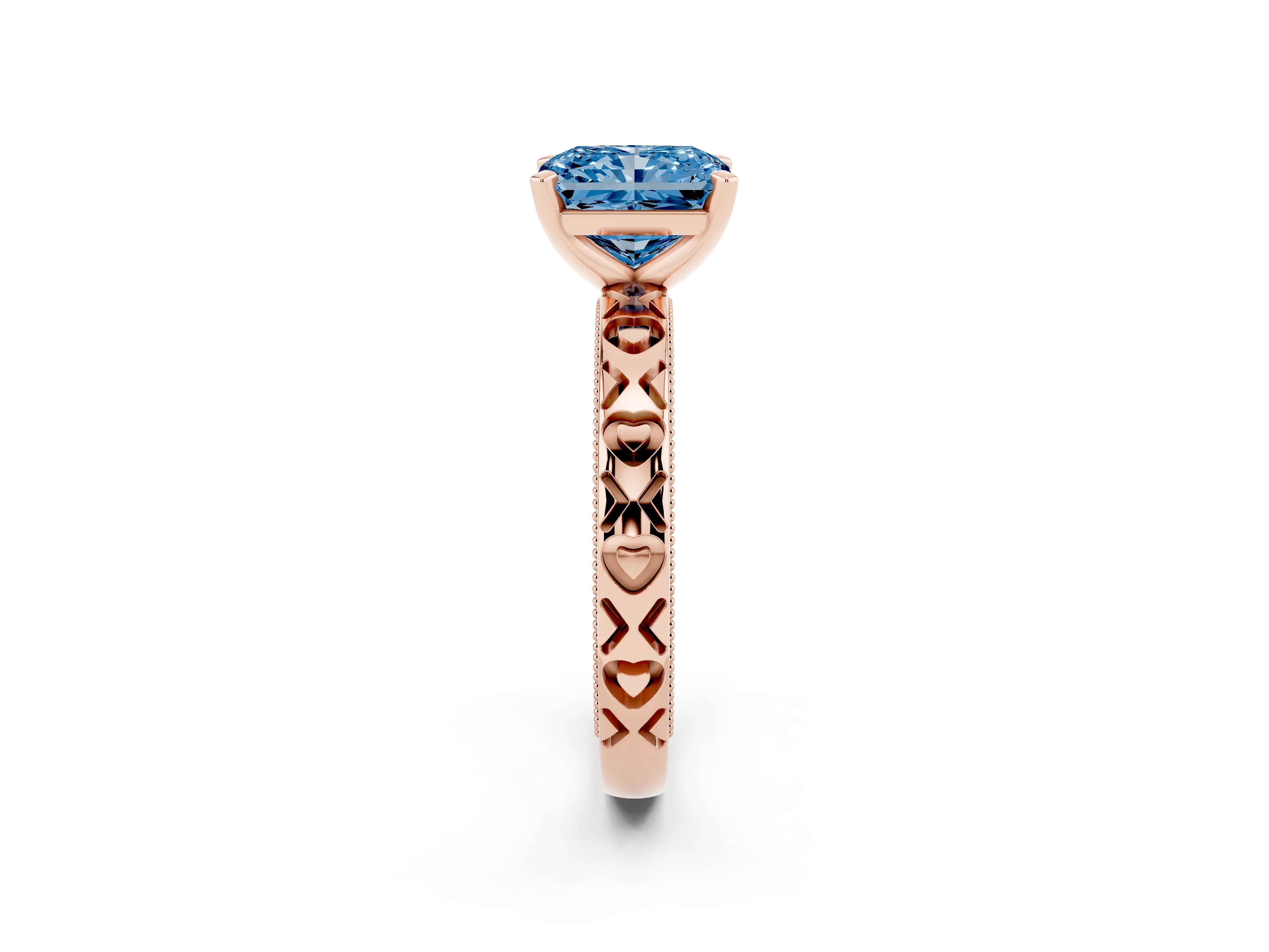 Fancy Blue Radiant Cut Diamond Solitaire Engagement Ring Set in Rose gold with XO Engraved Band and Prong Setting