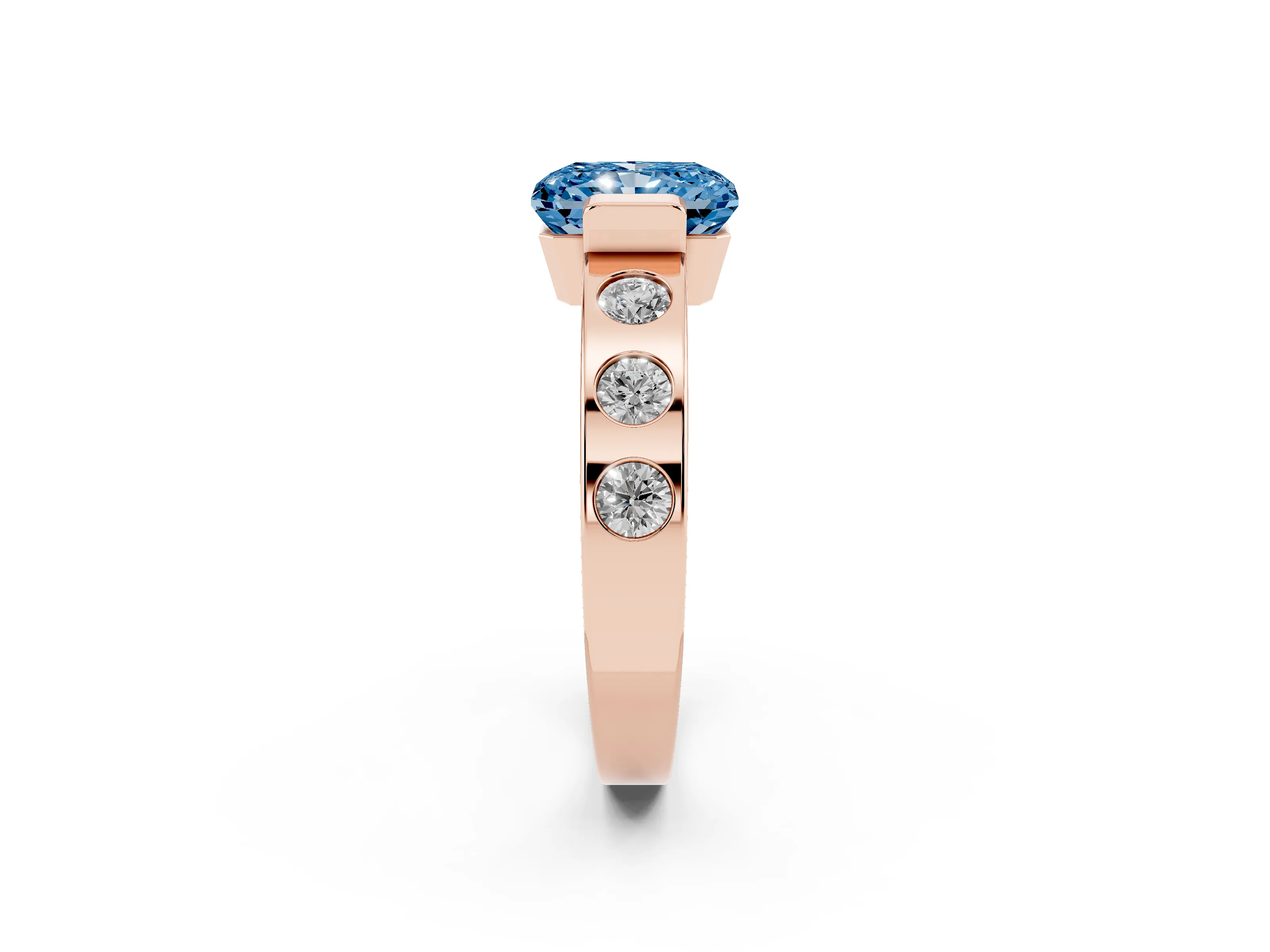 Fancy Blue Radiant Cut Diamond Channel-Set Band Ring Set in Rose gold with Bezel Prong Setting