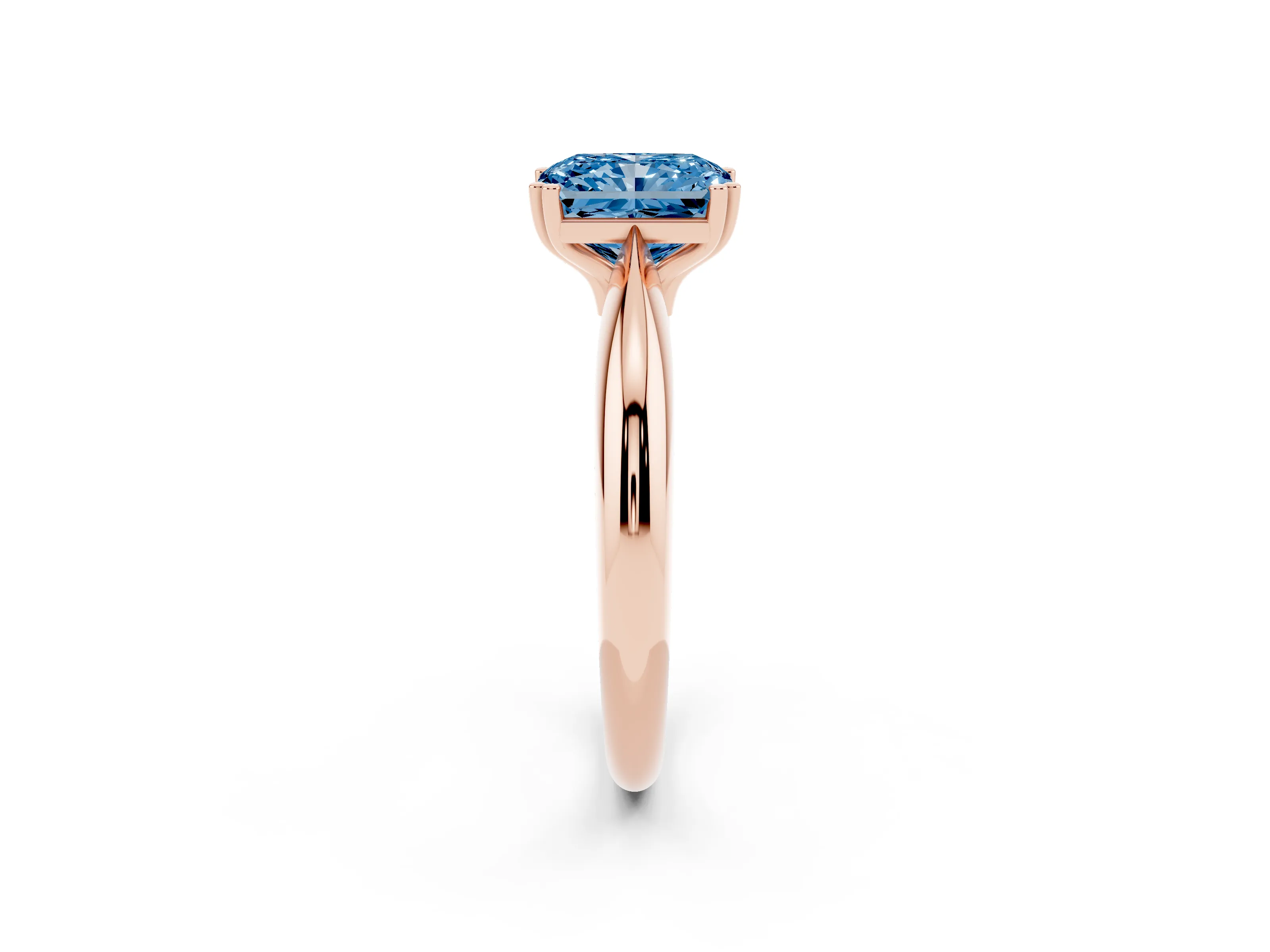 Fancy Blue Radiant Cut Diamond Solitaire Engagement Ring Set in Rose gold with Tapered Band and Prong Setting
