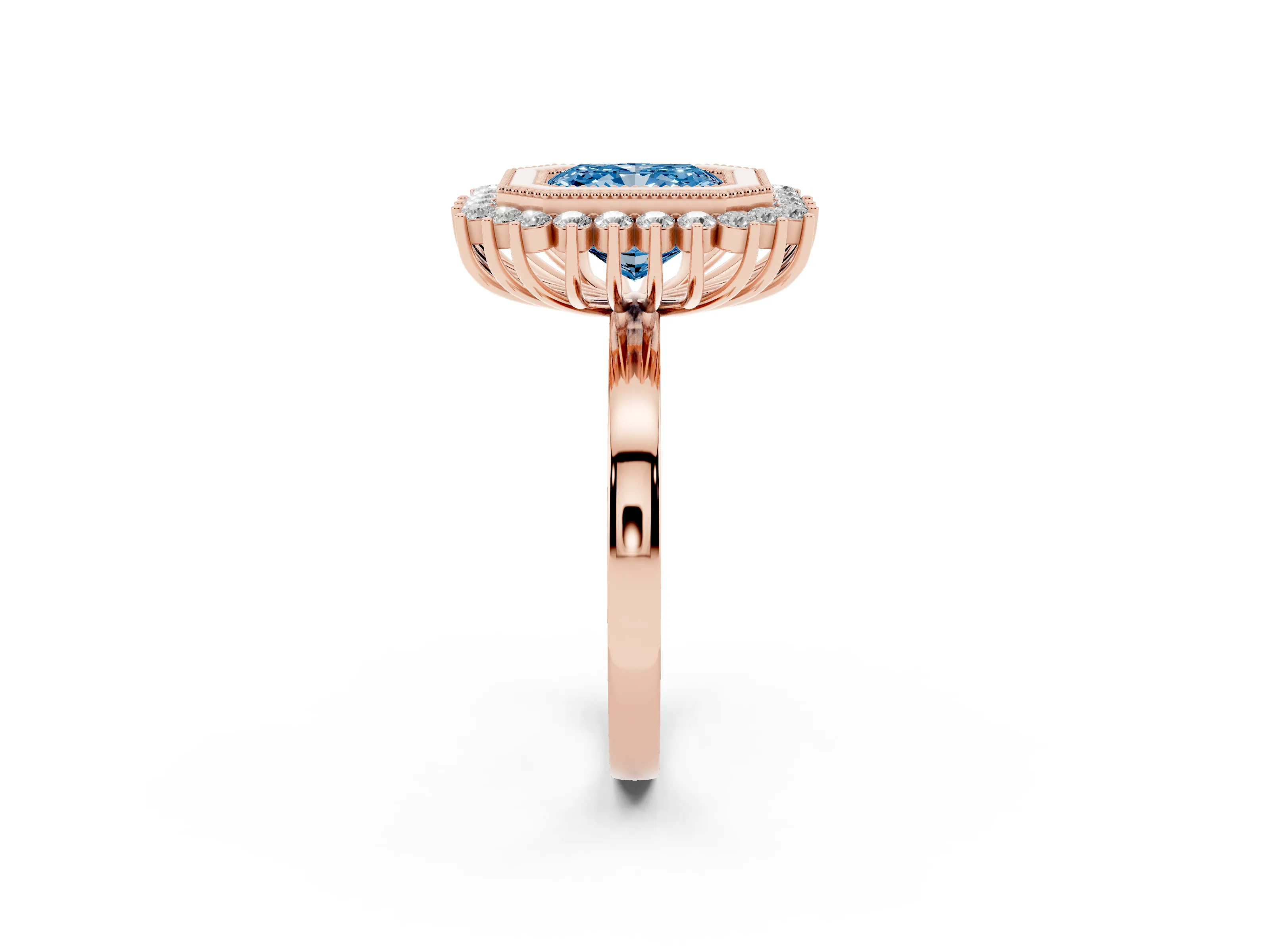 Fancy Blue Radiant Cut Diamond Halo Ring Set in Rose gold with Milgrain Edge and Round Prong Setting