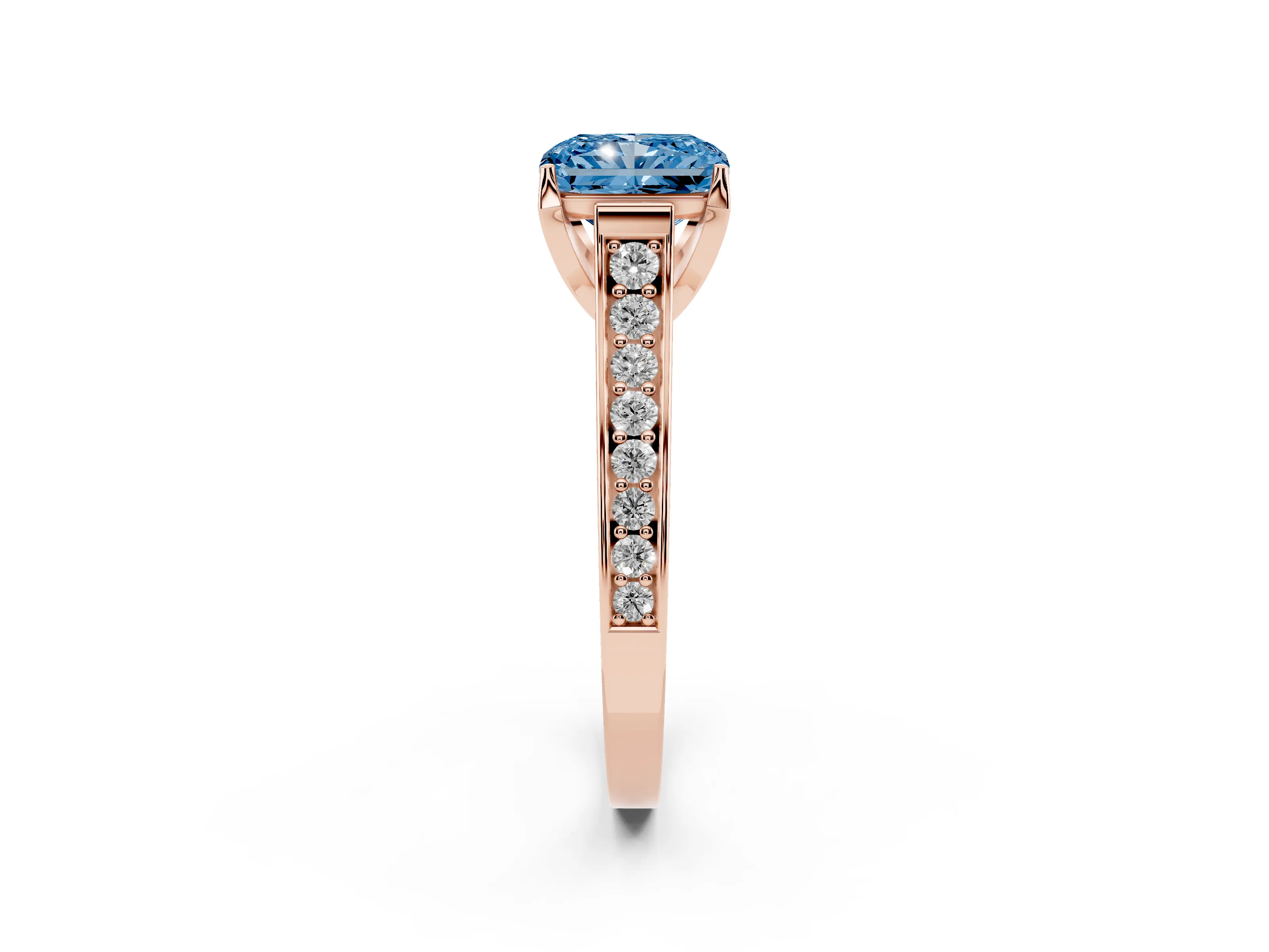 Fancy Blue Radiant Cut Diamond Solitaire Pavé Engagement Ring Set in Rose gold with Prong Setting