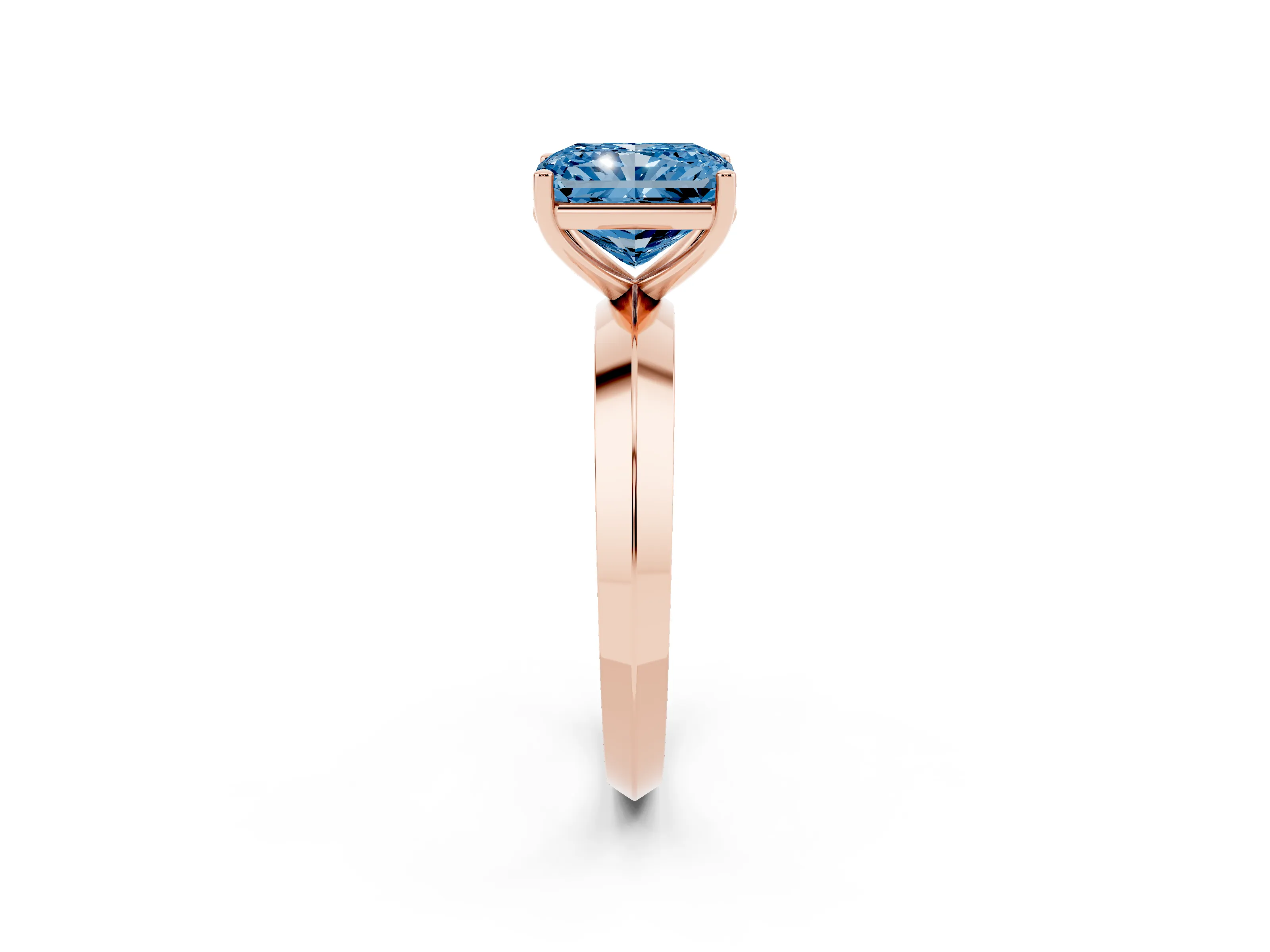 Fancy Blue Radiant Cut Diamond Solitaire Engagement Ring Set in Rose gold with Flat Band and Prong Setting