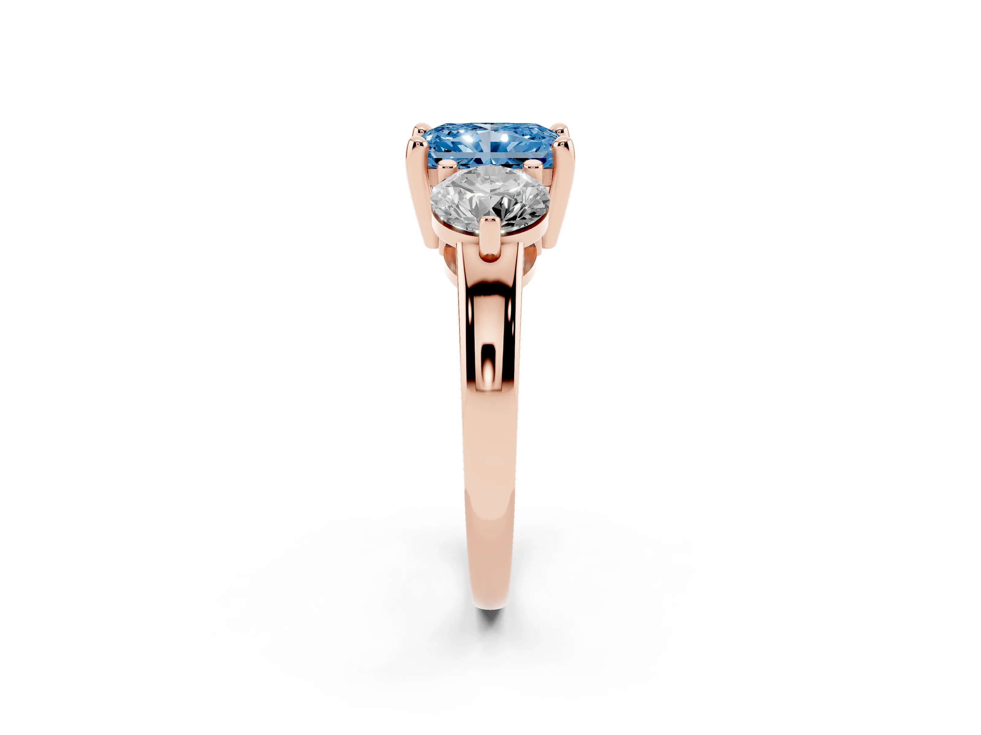 Fancy Blue Radiant Cut Diamond Three-Stone Ring Set in Rose gold with Prong Setting and Classic Band