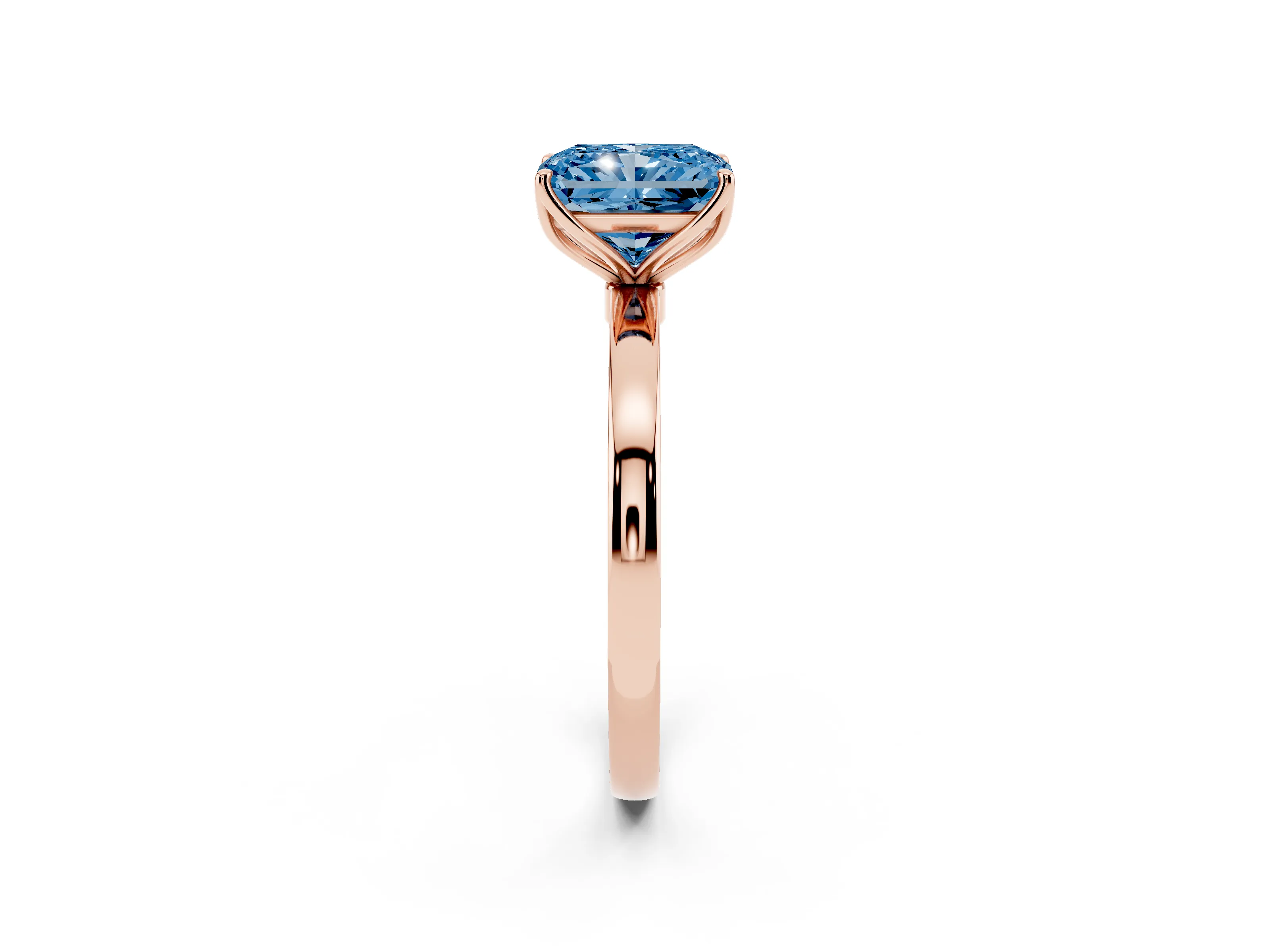 Fancy Blue Radiant Cut Diamond Solitaire Ring Set in Rose gold with Prong Setting and Thin Polished Band