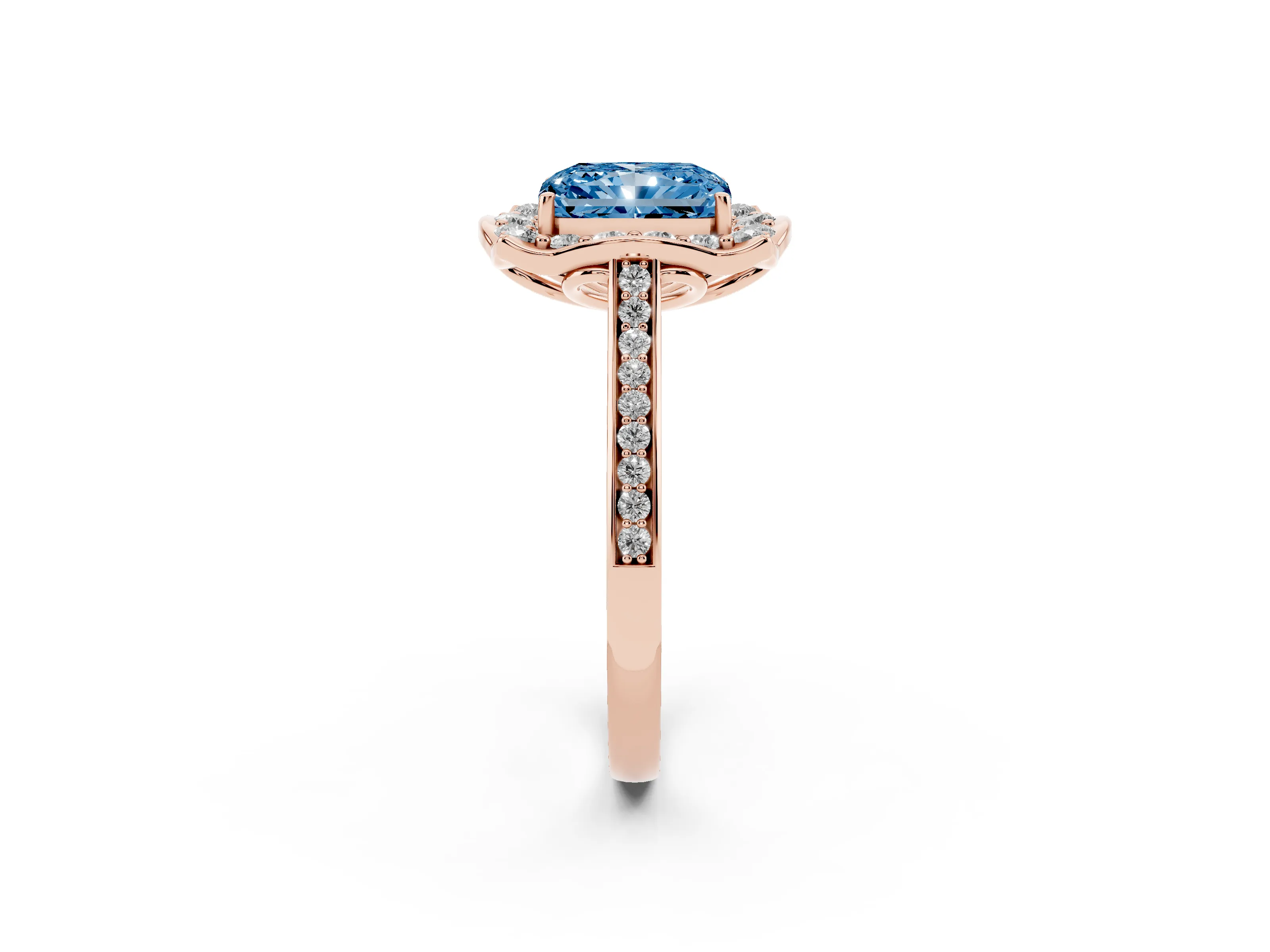 Fancy Blue Radiant Cut Diamond Halo Ring Set in Rose gold with Pavé-Lined Shoulders and Prong Setting
