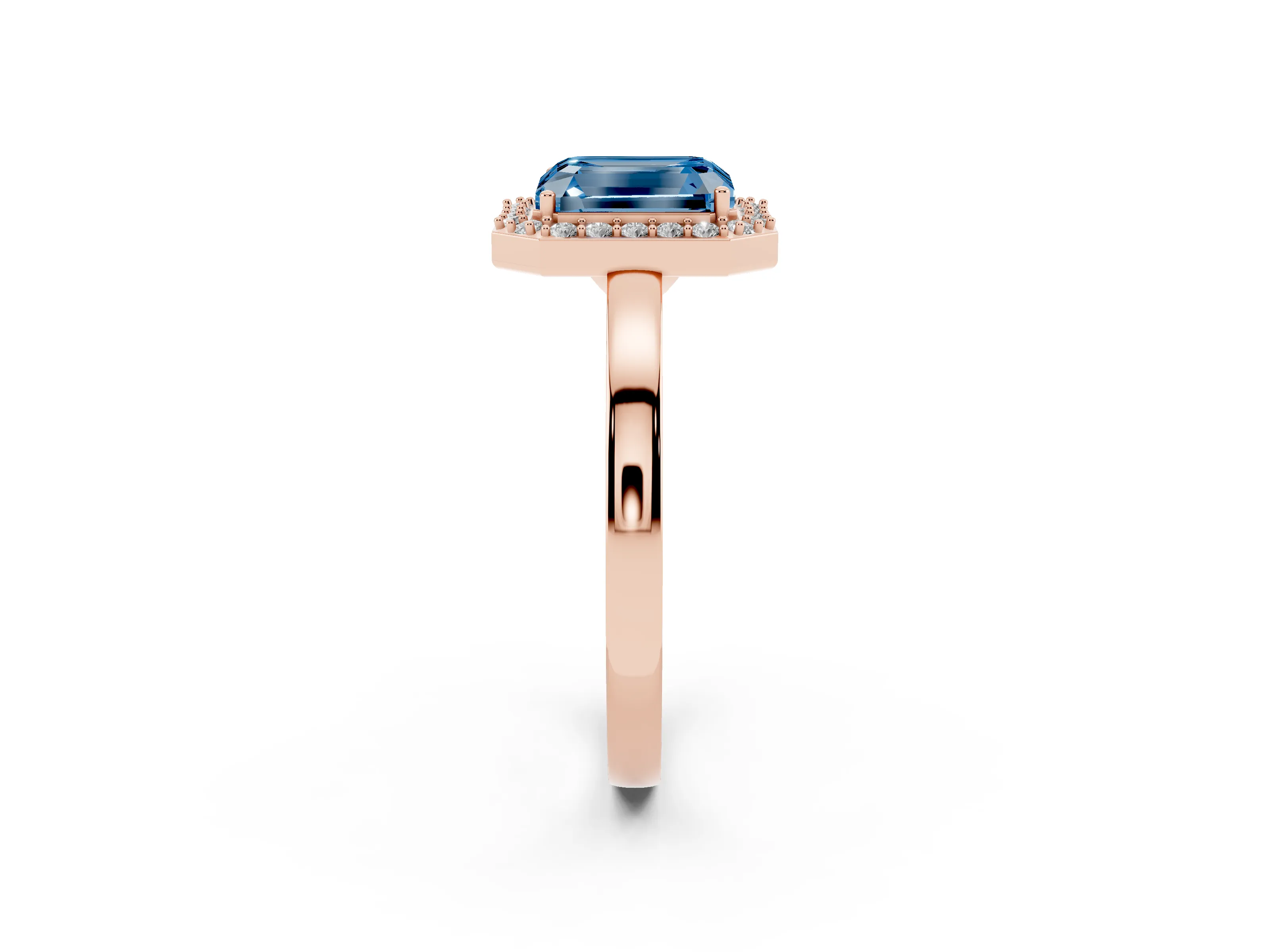 Fancy Blue Radiant Cut Diamond Halo Ring Set in Rose gold with Solitaire Band and Prong Setting
