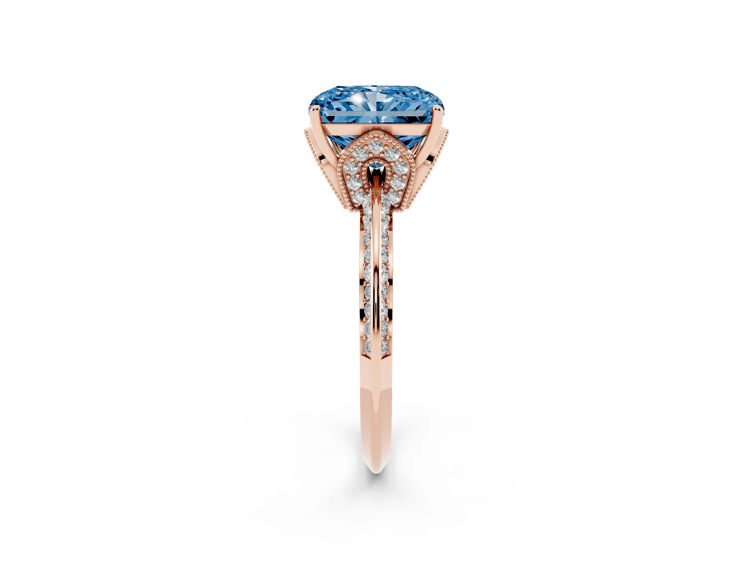 Fancy Blue Radiant Cut Diamond Solitaire Engagement Ring Set in Rose gold with Pavé Split Shank and Prong Setting
