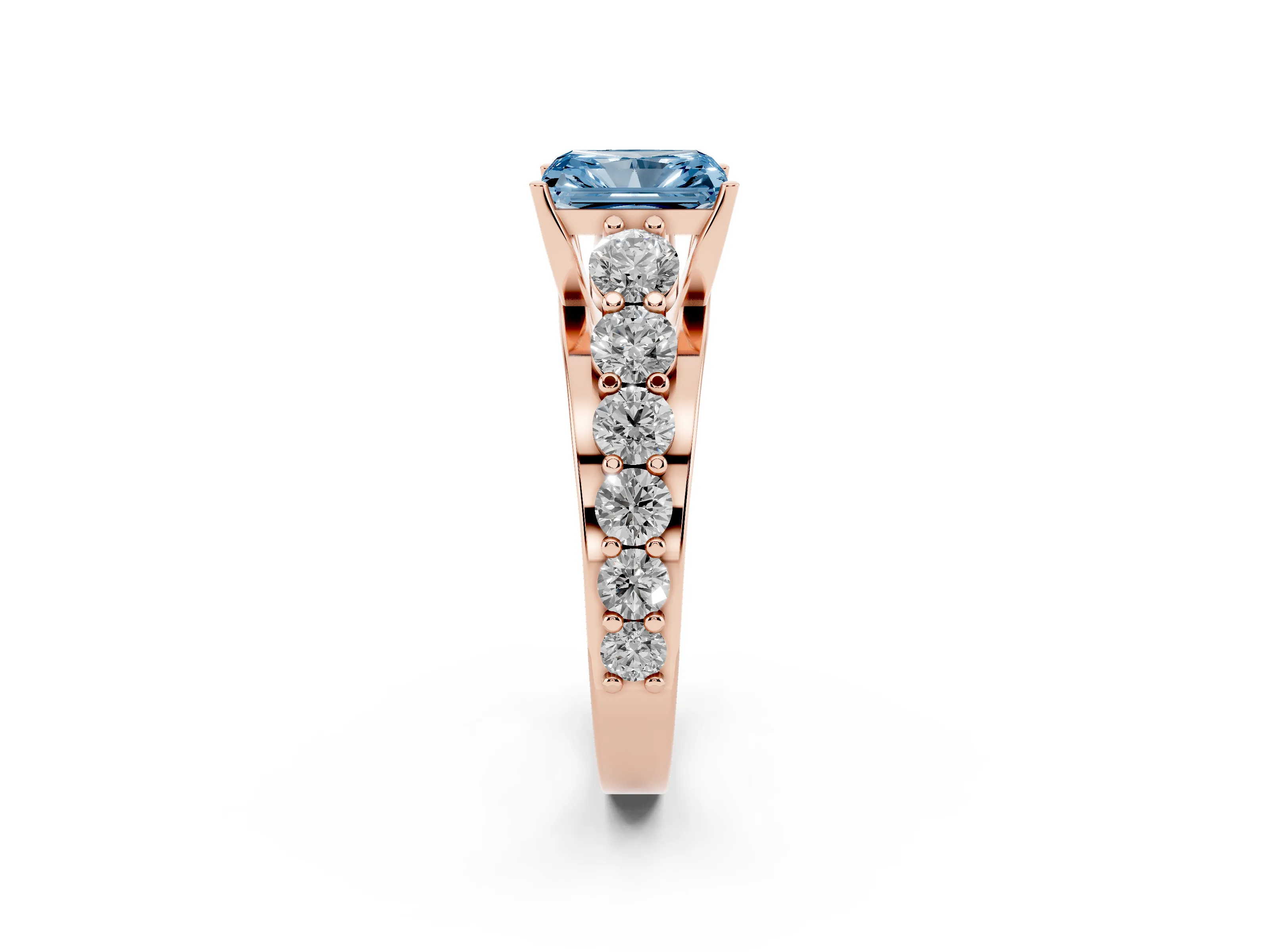 Fancy Blue Radiant Cut Diamond Pavé Engagement Ring Set in Rose gold with Prong Setting