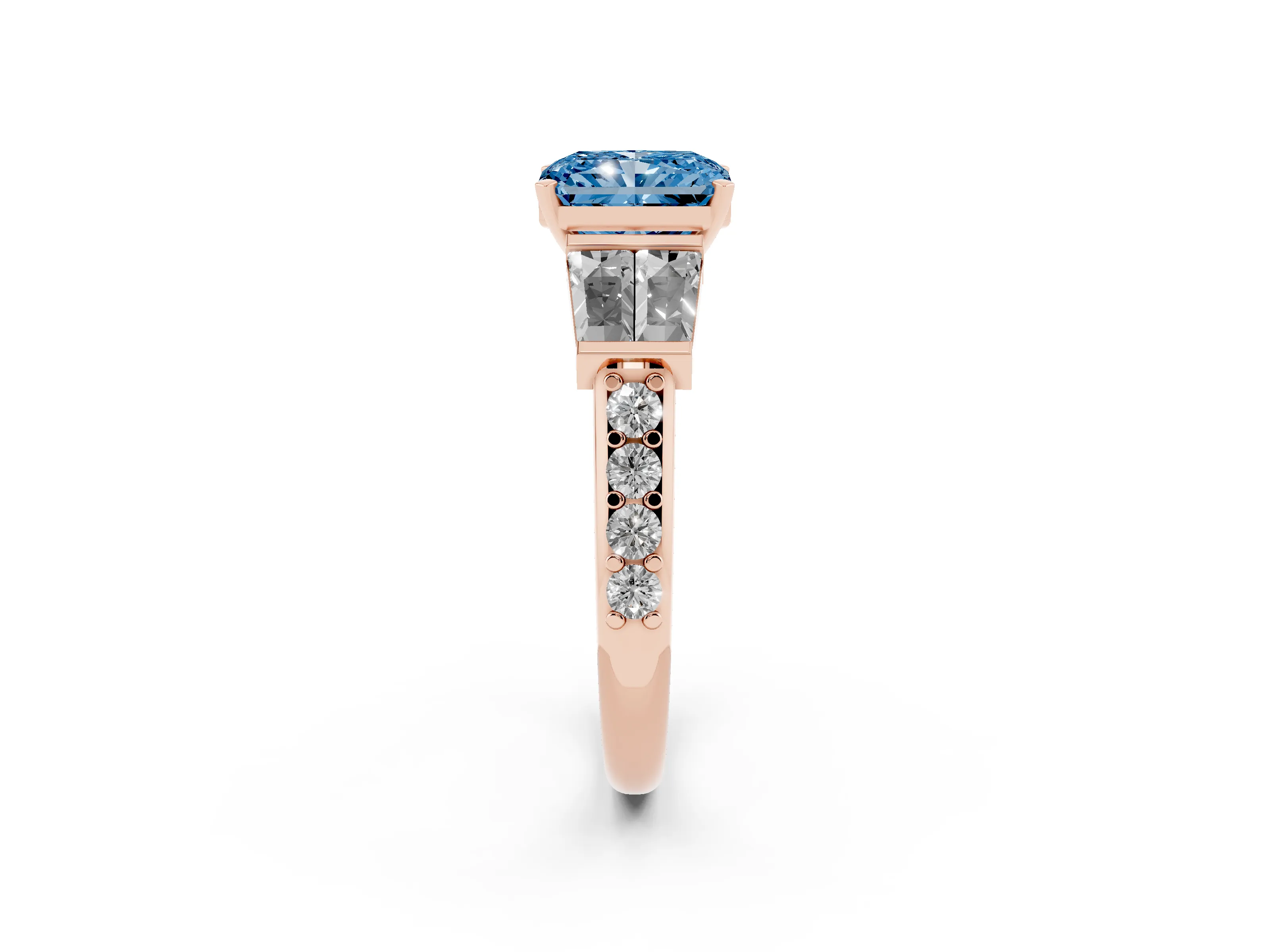 Fancy Blue Radiant Cut Diamond Engagement Ring Set in Rose gold with Baguette Side Stones and Channel Set Band