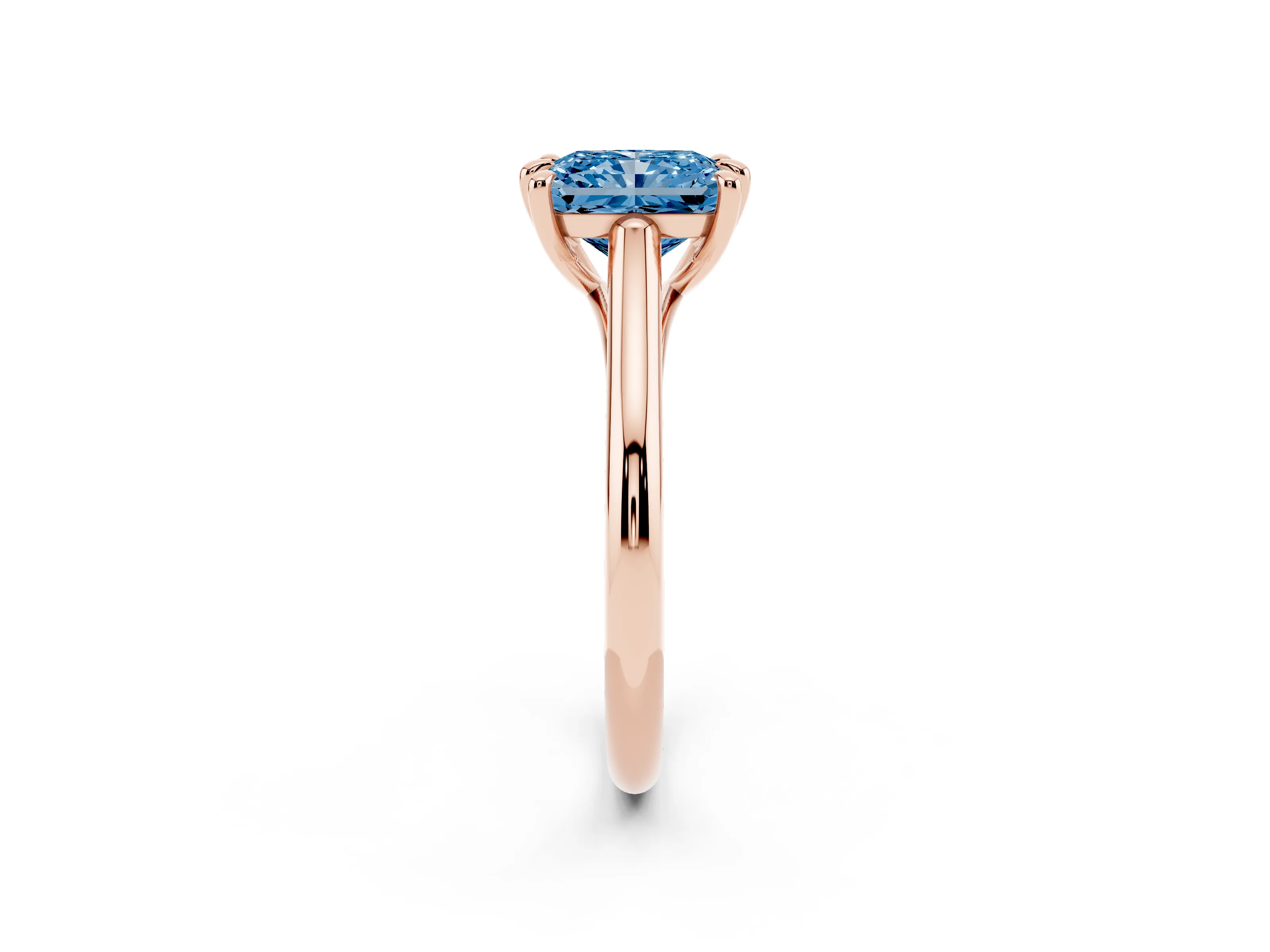 Fancy Blue Radiant Cut Diamond Solitaire Engagement Ring Set in Rose gold with Prong Setting and Plain Classic Band