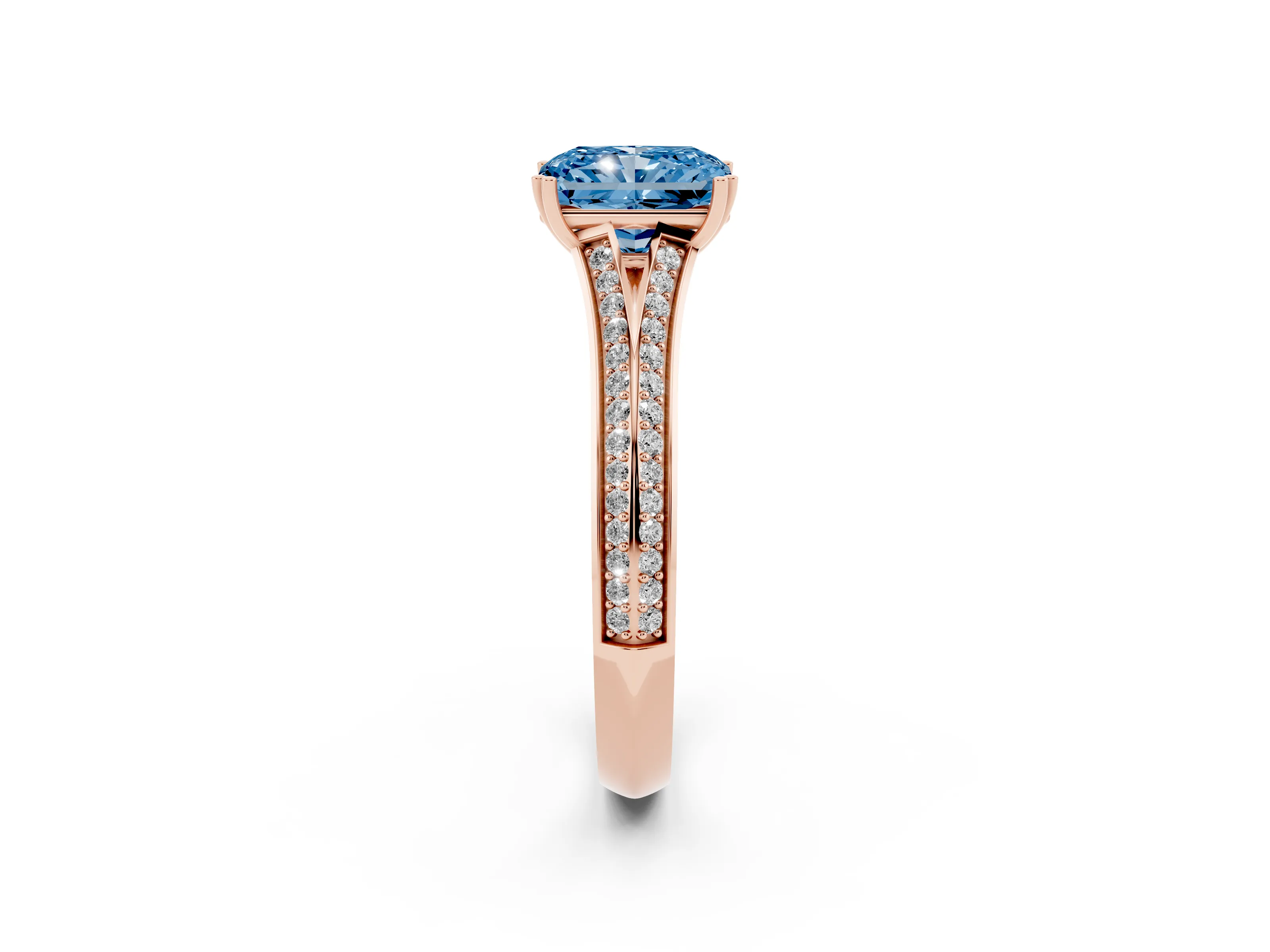 Fancy Blue Radiant Cut Diamond Split Shank Pavé Engagement Ring Set in Rose gold with Prong-Set Center Stone
