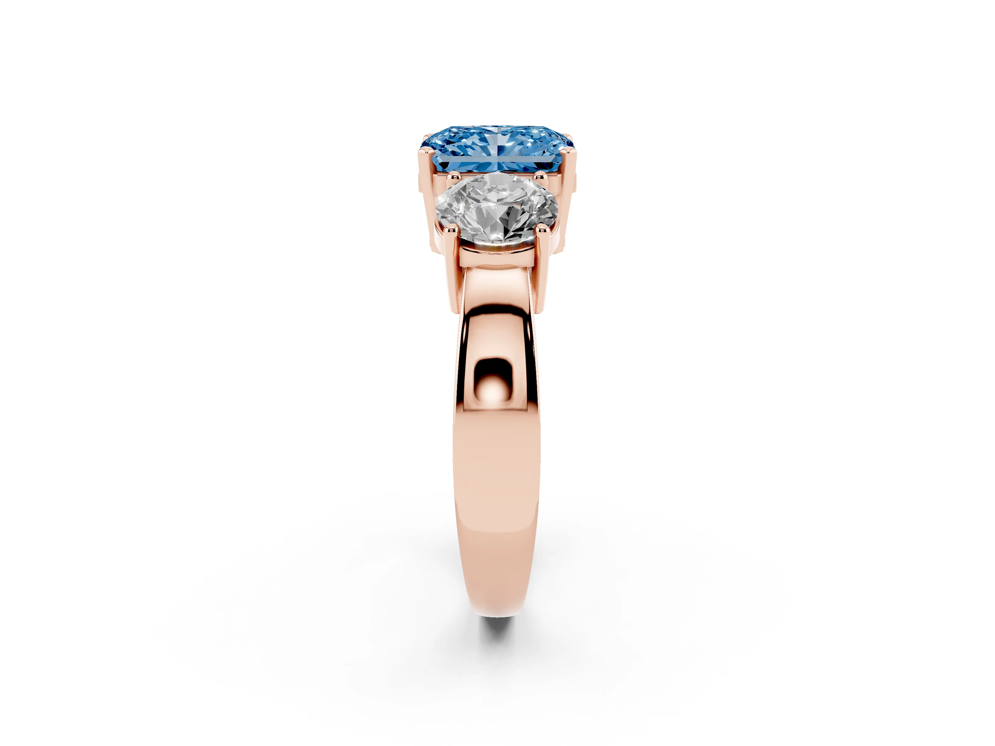 Fancy Blue Radiant Cut Diamond Three-Stone Ring Set in Rose gold with Round Side Stones and Classic Band