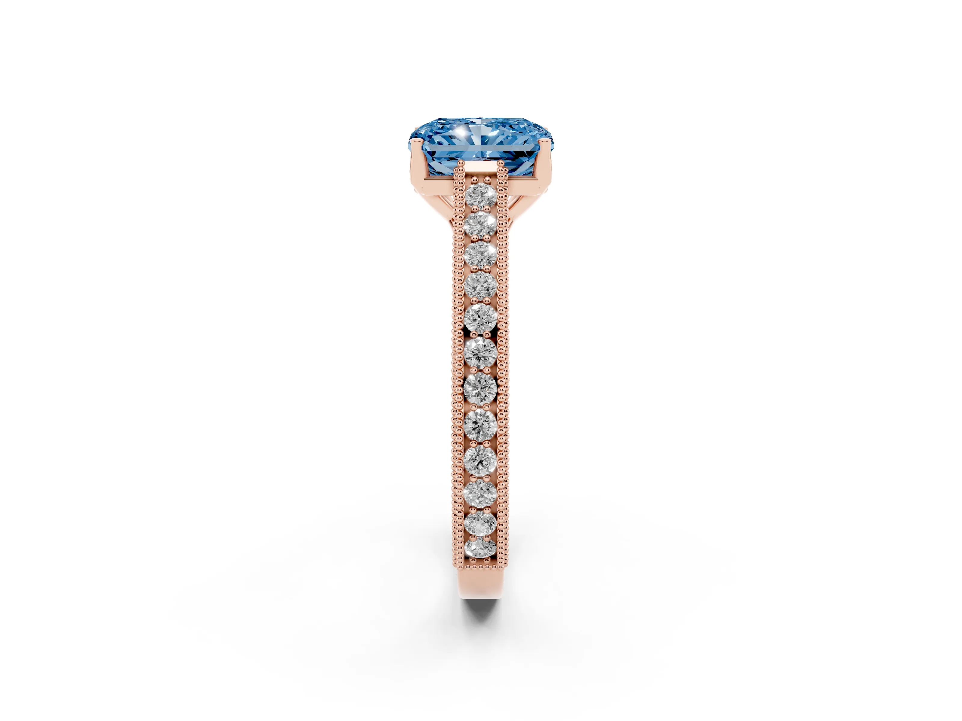Fancy Blue Radiant Cut Diamond Milgrain Pavé Band Solitaire Ring Set in Rose gold with Prong Setting