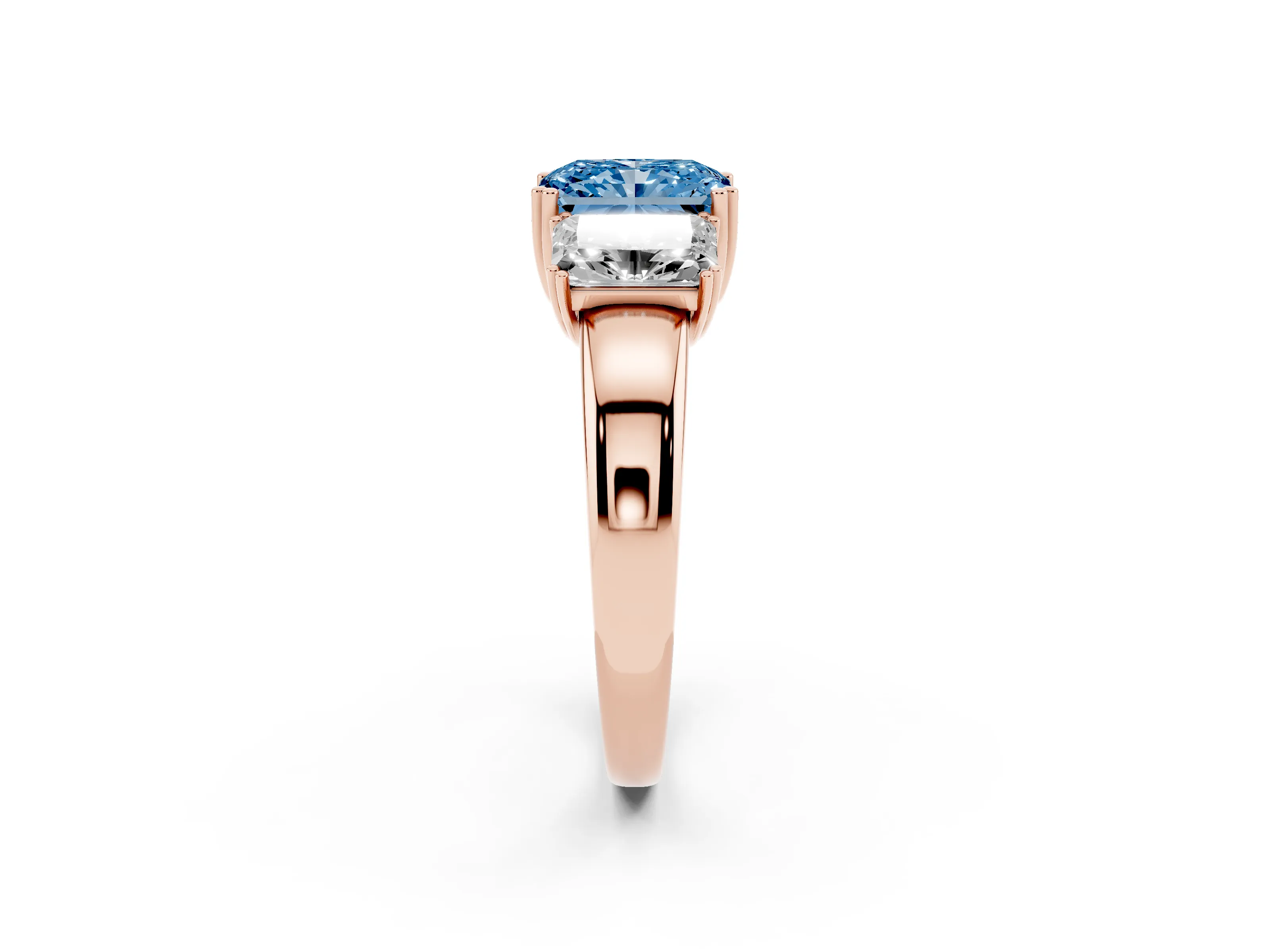 Fancy Blue Radiant Cut Diamond Three-Stone Ring Set in Rose gold with Polished Channel-Set Band