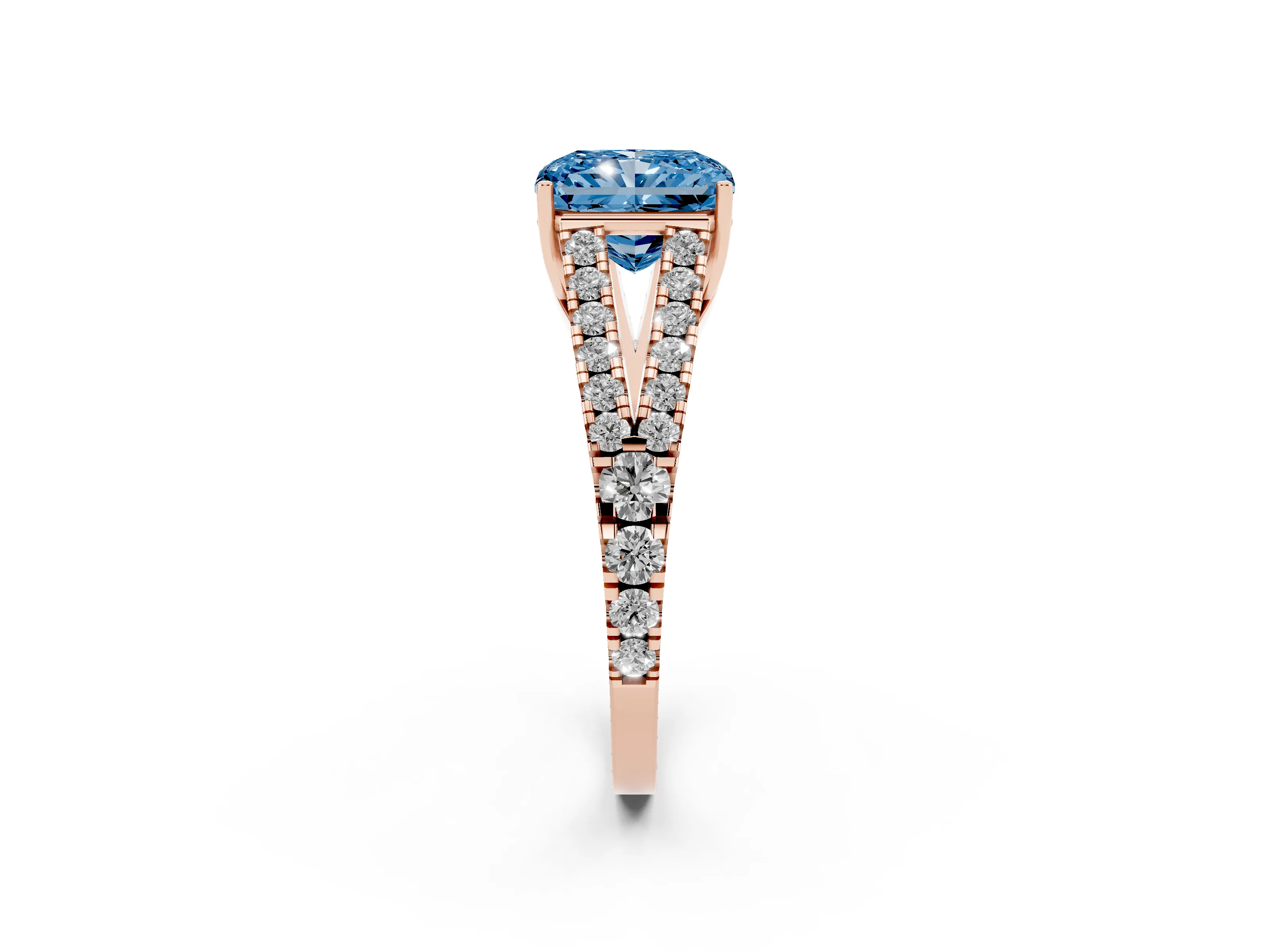Fancy Blue Radiant Cut Diamond Split Shank Pavé Engagement Ring Set in Rose gold with Prong-Held Center Stone