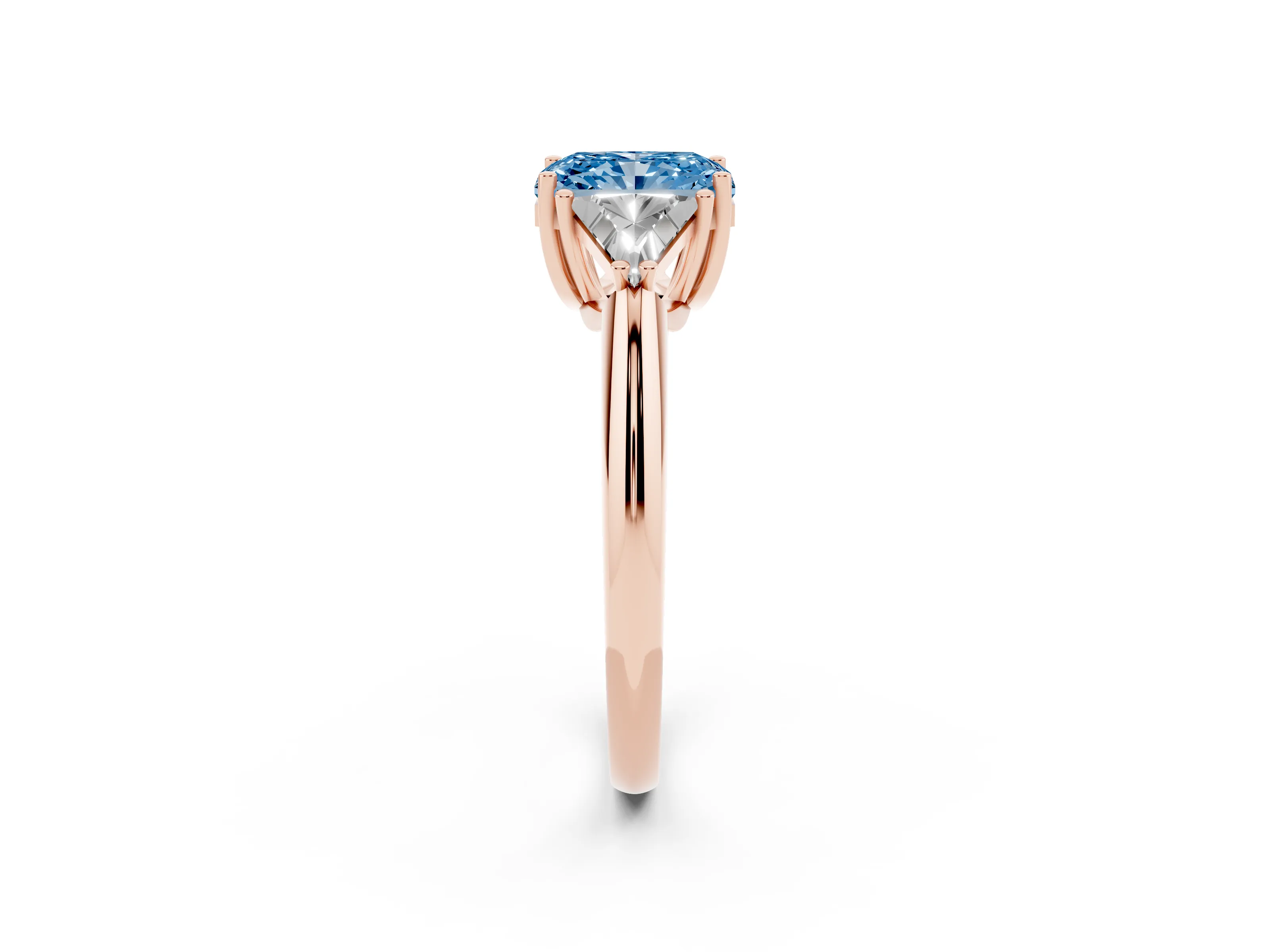 Fancy Blue Radiant Cut Diamond Three-Stone Engagement Ring Set in Rose gold with Trillion Side Stones