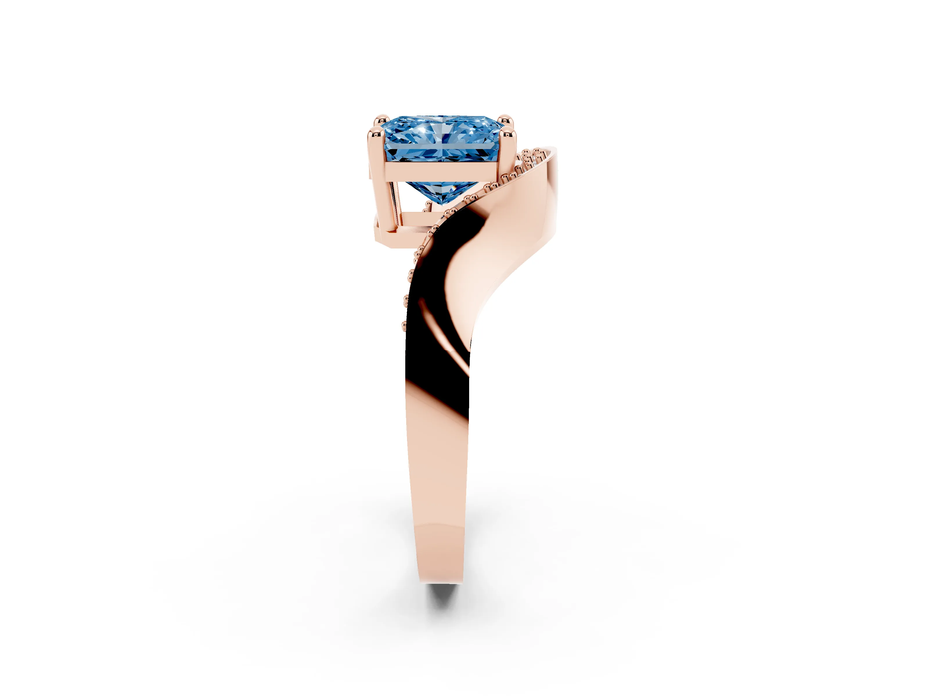 Fancy Blue Radiant Cut Diamond Solitaire Engagement Ring Set in Rose gold with Pavé Shoulders
