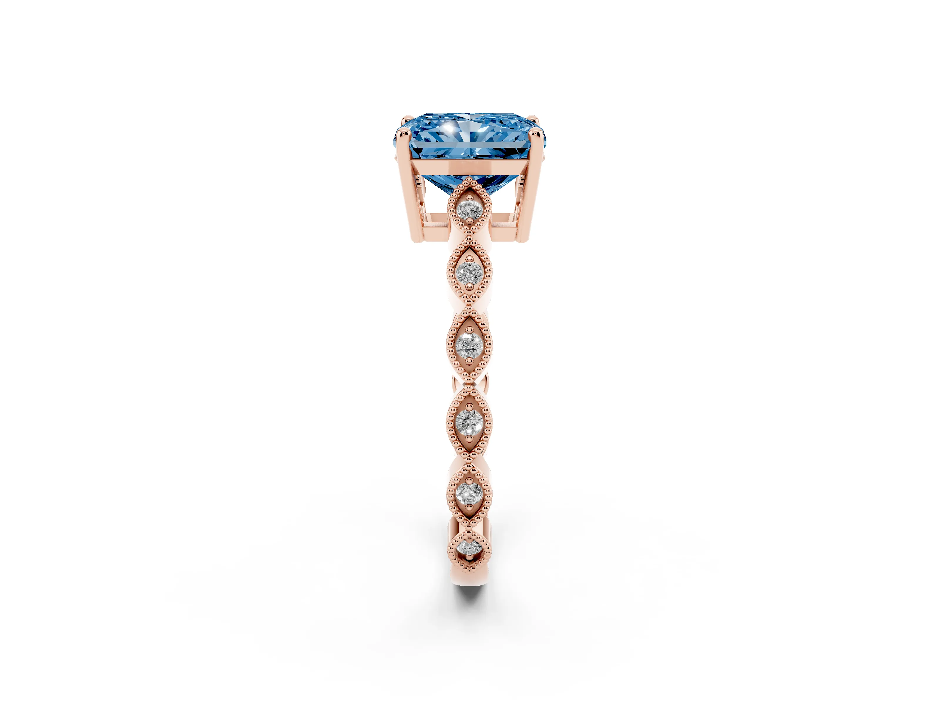 Fancy Blue Radiant Cut Diamond Solitaire Ring Set in Rose gold with Infinity Twist Pavé Band