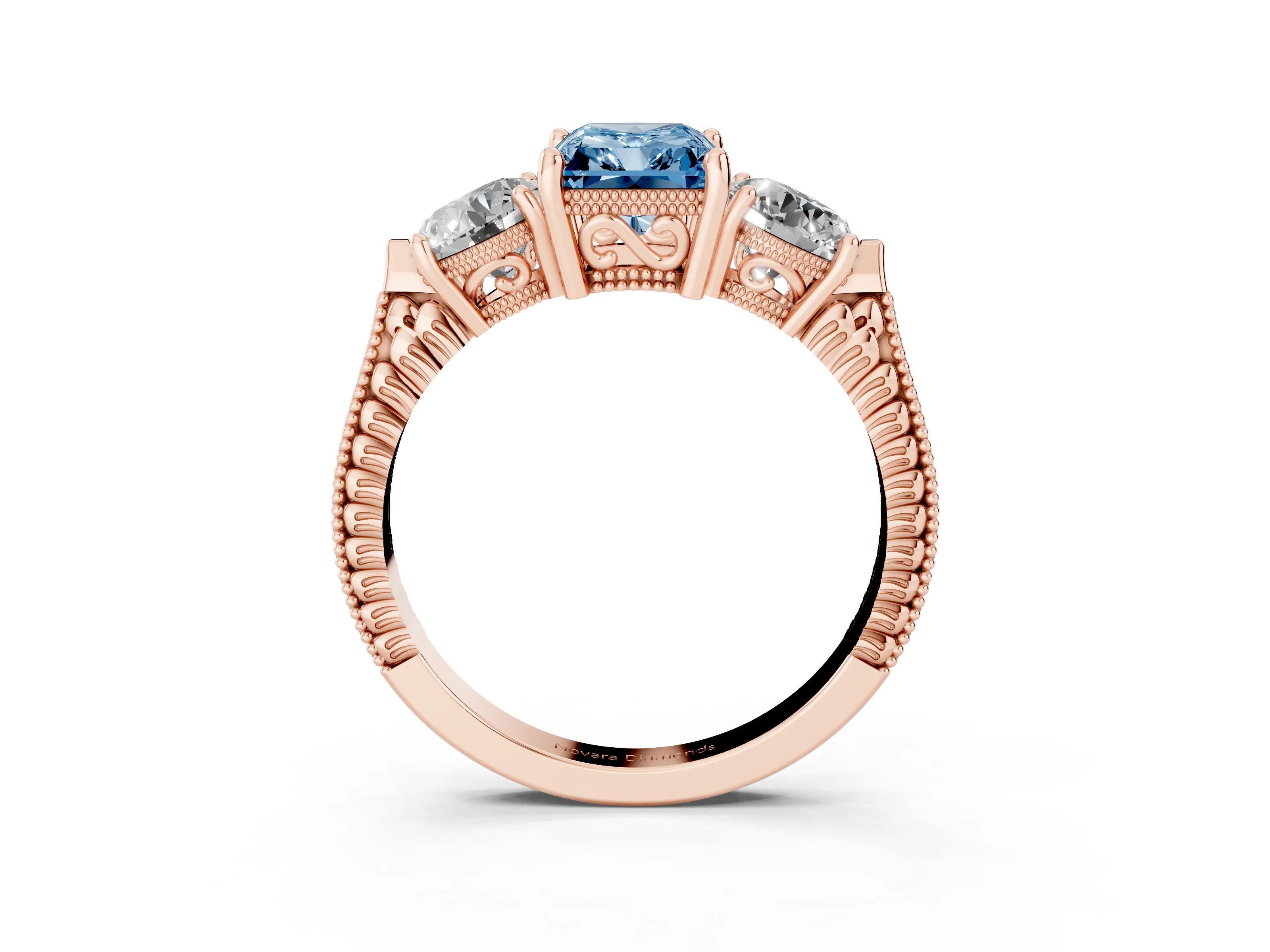 Fancy Blue Radiant Cut Diamond Three-Stone Ring Set in Rose gold with Milgrain Band