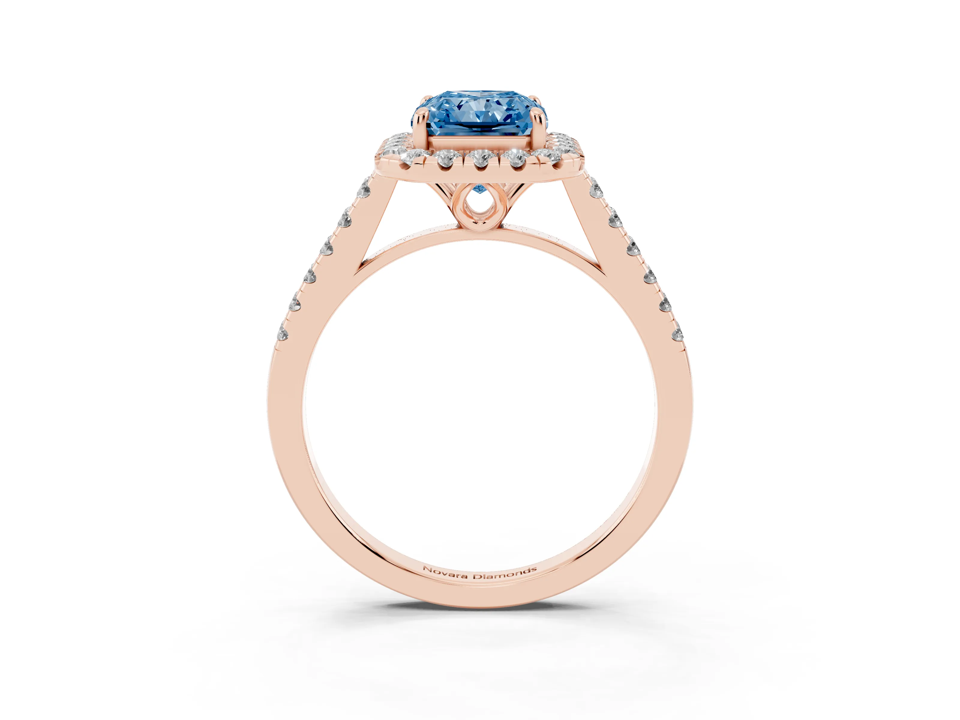 Fancy Blue Radiant Cut Diamond Pavé Halo Engagement Ring Set in Rose gold with Pavé Band and Prong Setting