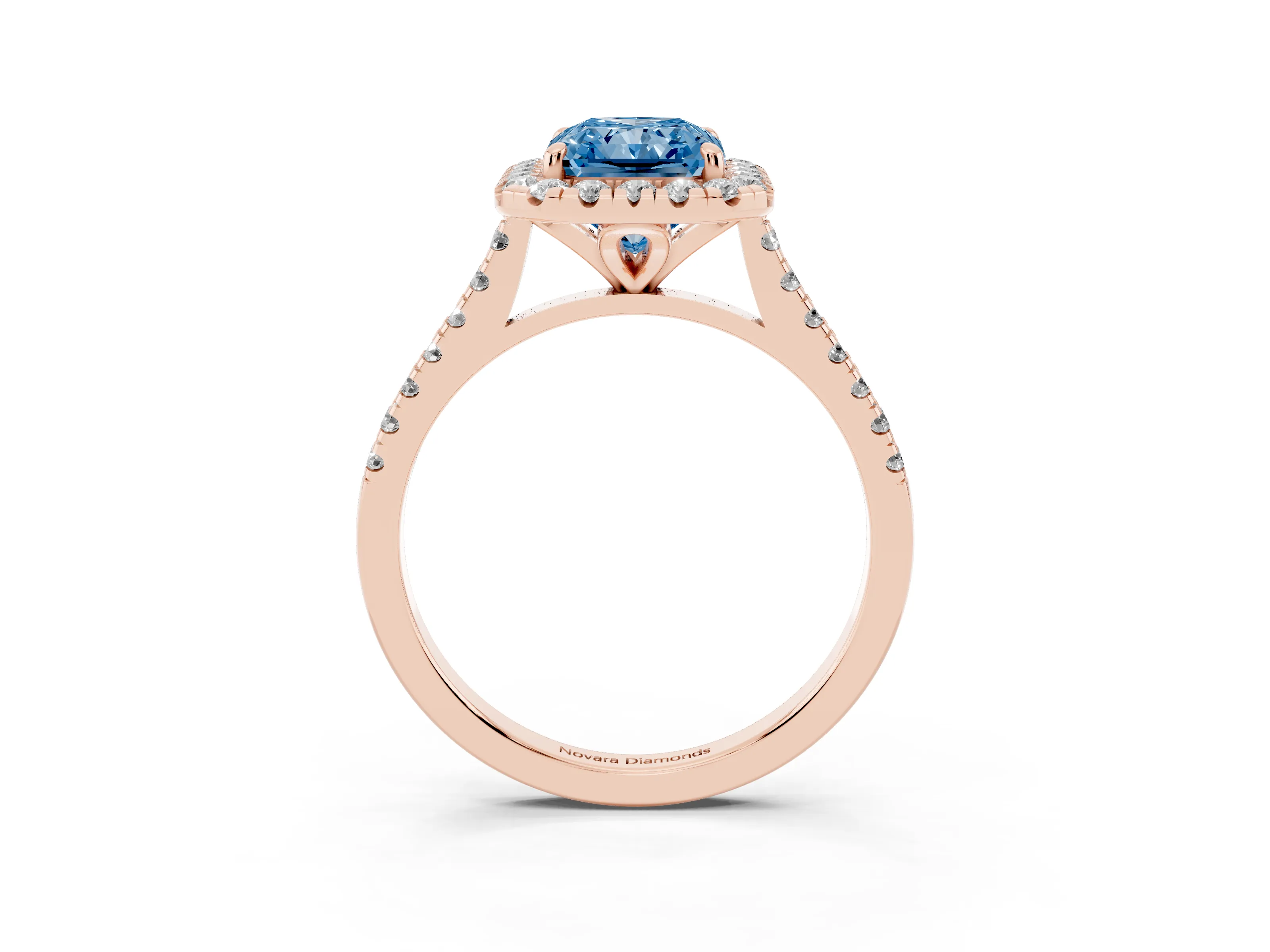 Fancy Blue Radiant Cut Diamond Cushion Halo Ring Set in Rose gold with Pavé Band