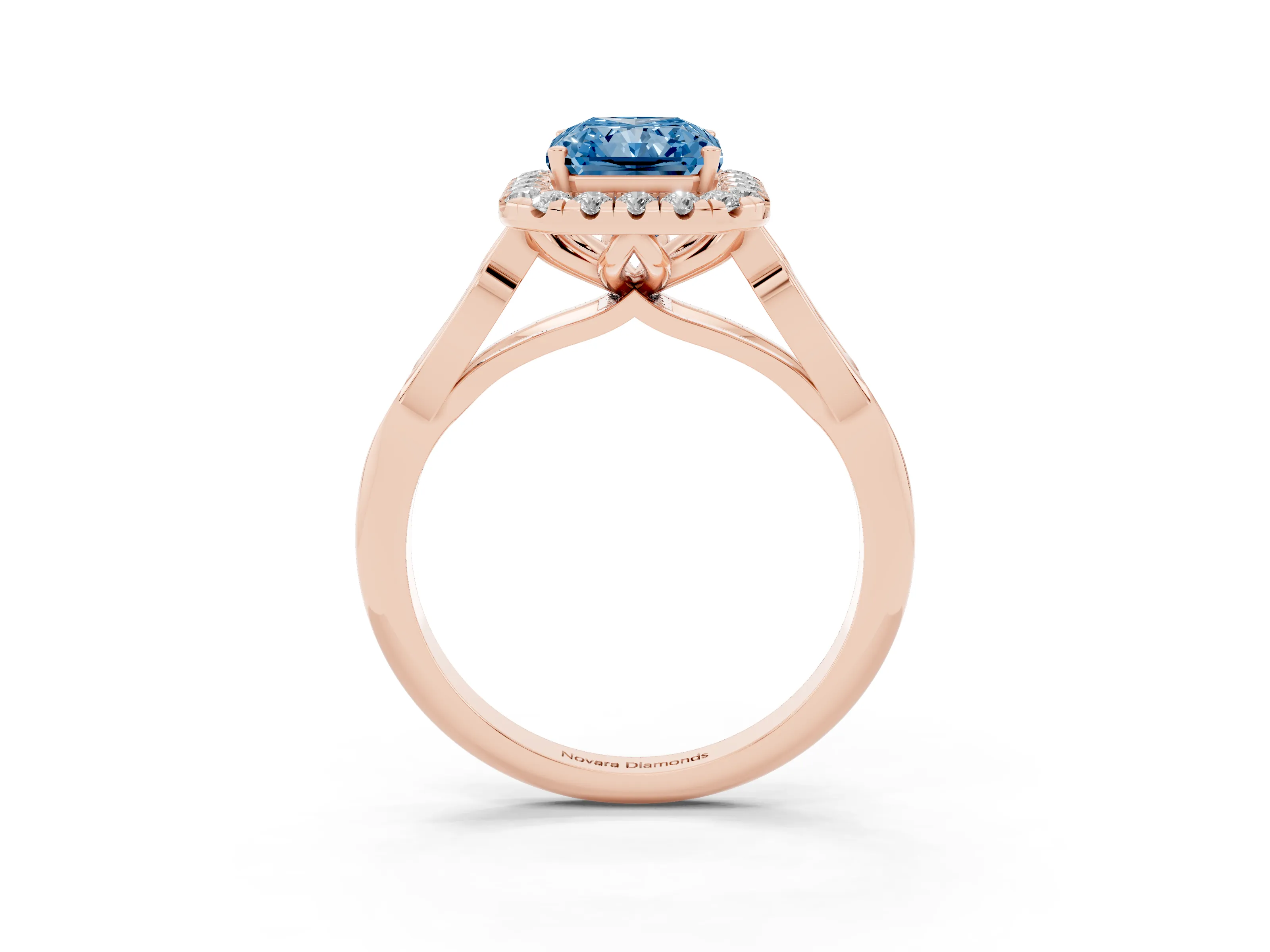 Fancy Blue Radiant Cut Diamond Halo Engagement Ring Set in Rose gold with Filigree Band and Prong-Set Center