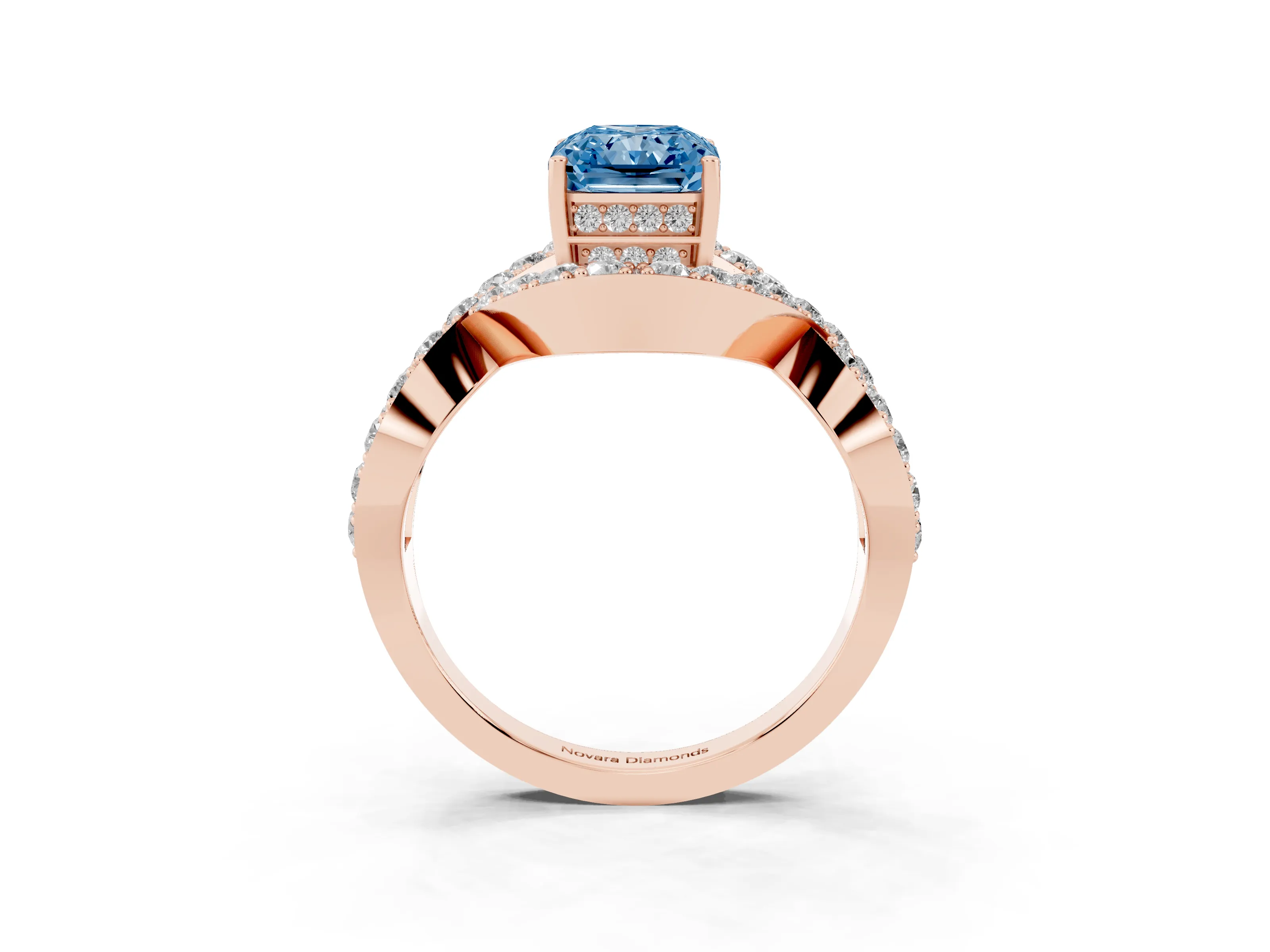 Fancy Blue Radiant Cut Diamond Solitaire Twist Band Pavé Engagement Ring Set in Rose gold