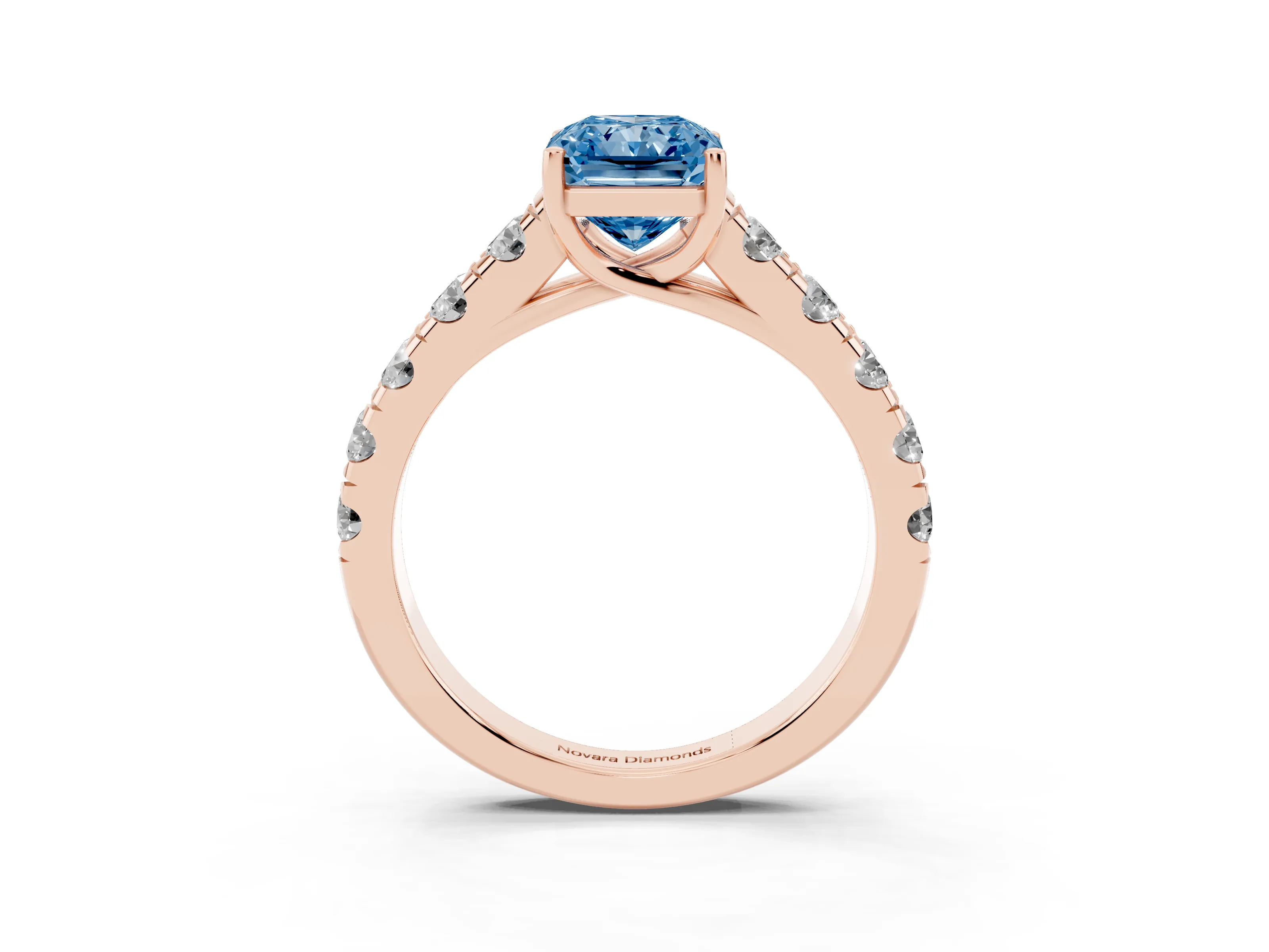 Fancy Blue Radiant Cut Diamond Solitaire Ring Set in Rose gold with Cut-Down Micro Pavé Band and Prong Setting