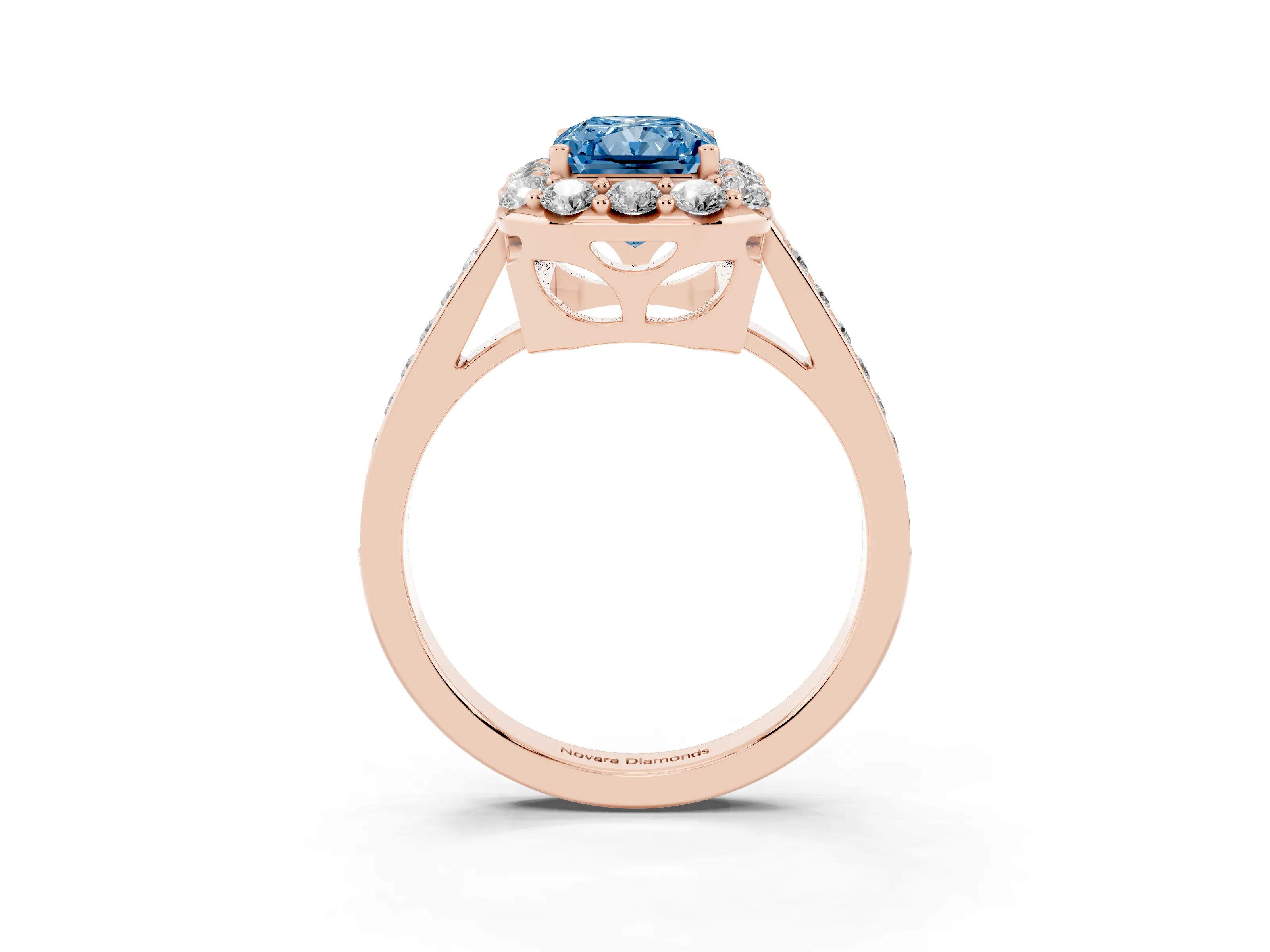 Fancy Blue Radiant Cut Diamond Floral Halo Ring Set in Rose gold with Pavé Band and Prong Setting