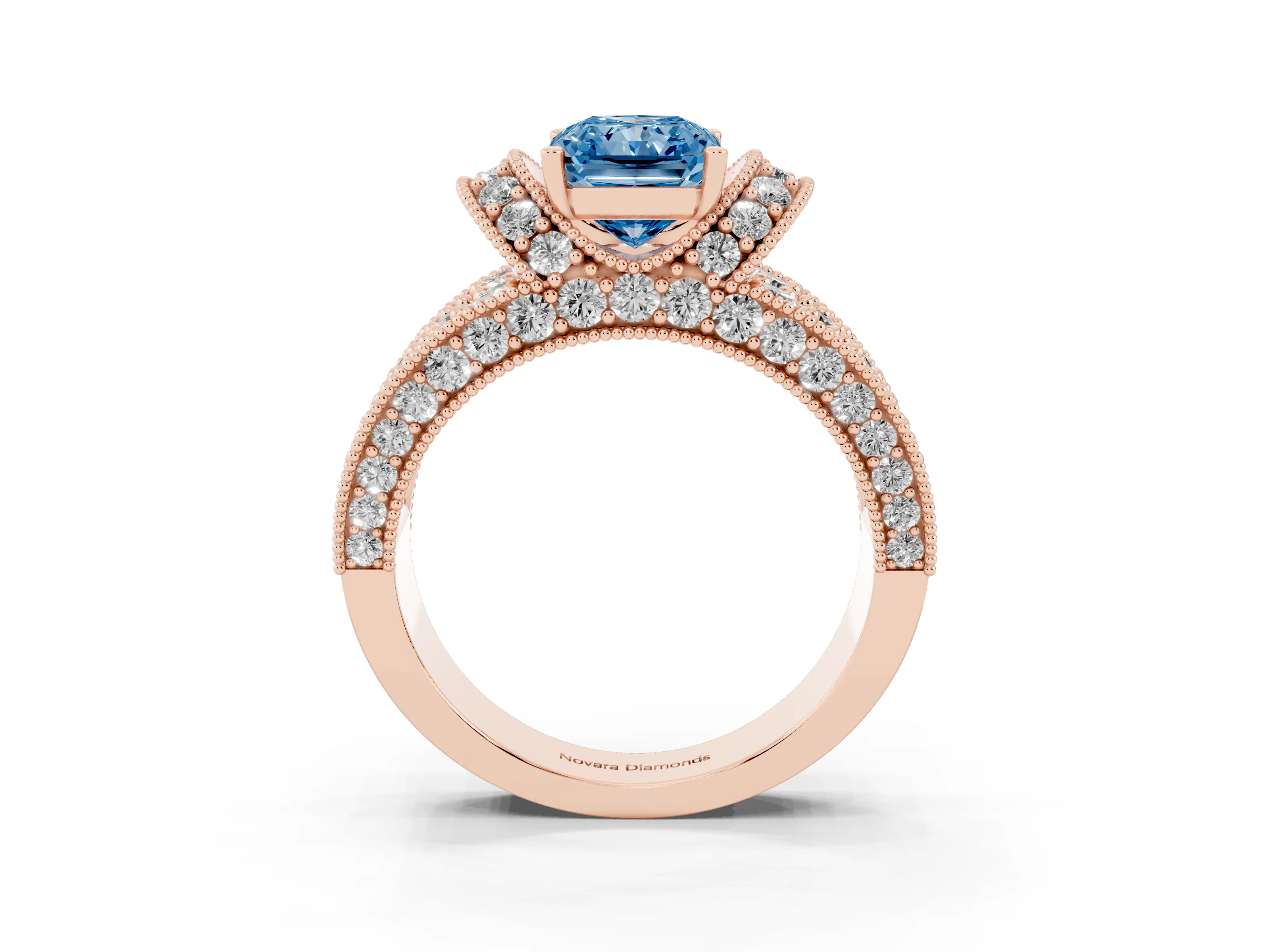 Fancy Blue Radiant Cut Diamond Milgrain Halo Pavé Engagement Ring Set in Rose gold with Prong Setting