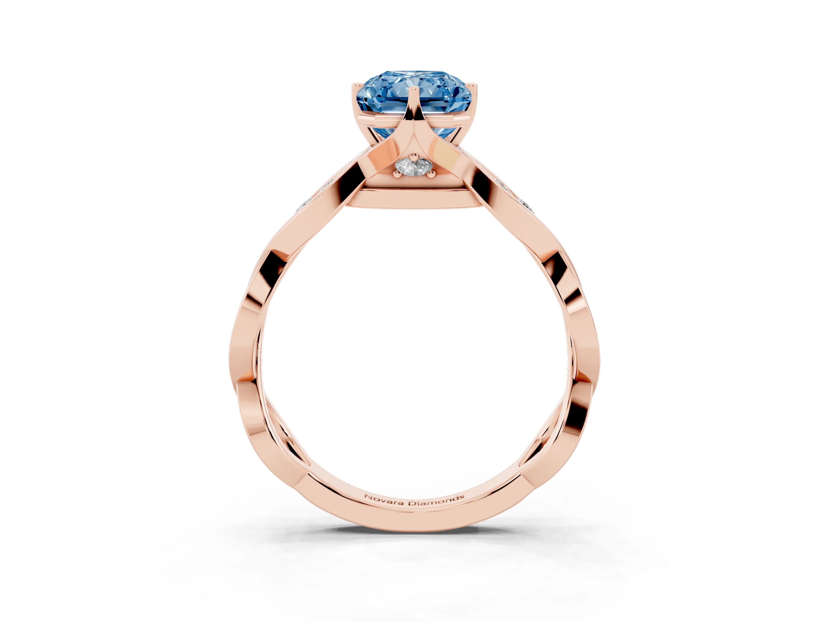 Fancy Blue Radiant Cut Diamond Twist Band Solitaire Ring Set in Rose gold with Leaf Prong Setting and Accent Stones