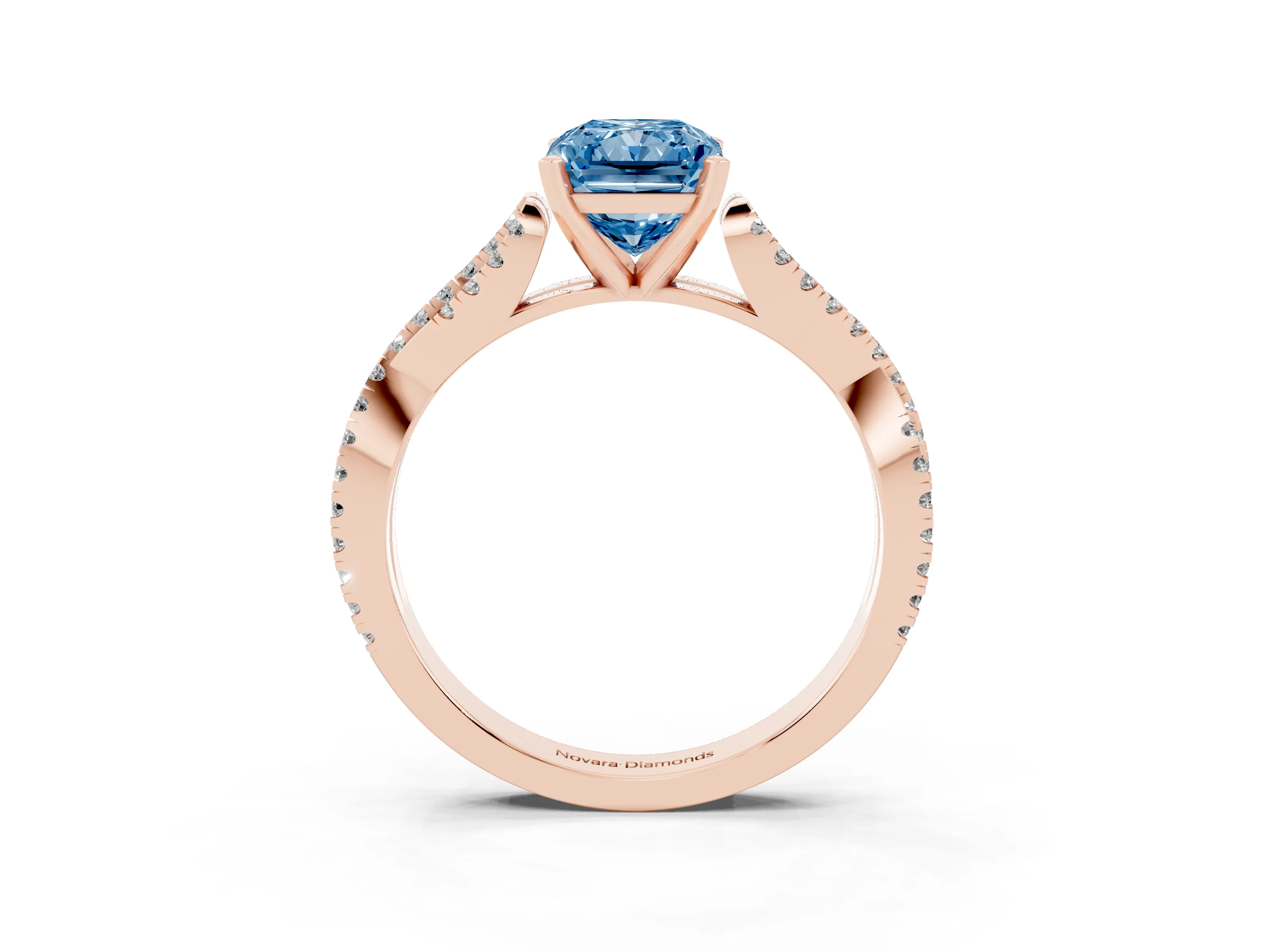 Fancy Blue Radiant Cut Diamond Solitaire Engagement Ring Set in Rose gold with Twisted Pavé Band and Prong Setting