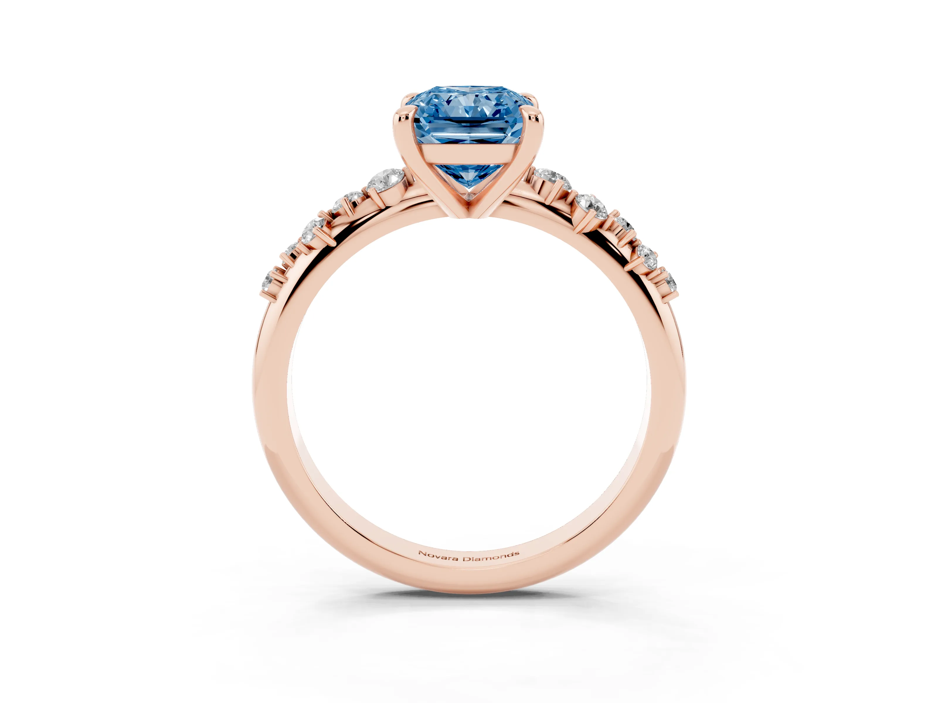 Fancy Blue Radiant Cut Diamond Solitaire Vine Band Ring Set in Rose gold with Round Accents and Prong Setting